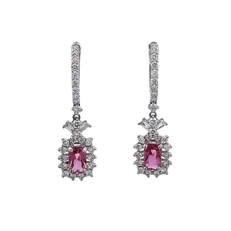 Modern Pink Tourmaline 0.98CT Diamond Earrings 1.02CT 18K White Gold For Sale