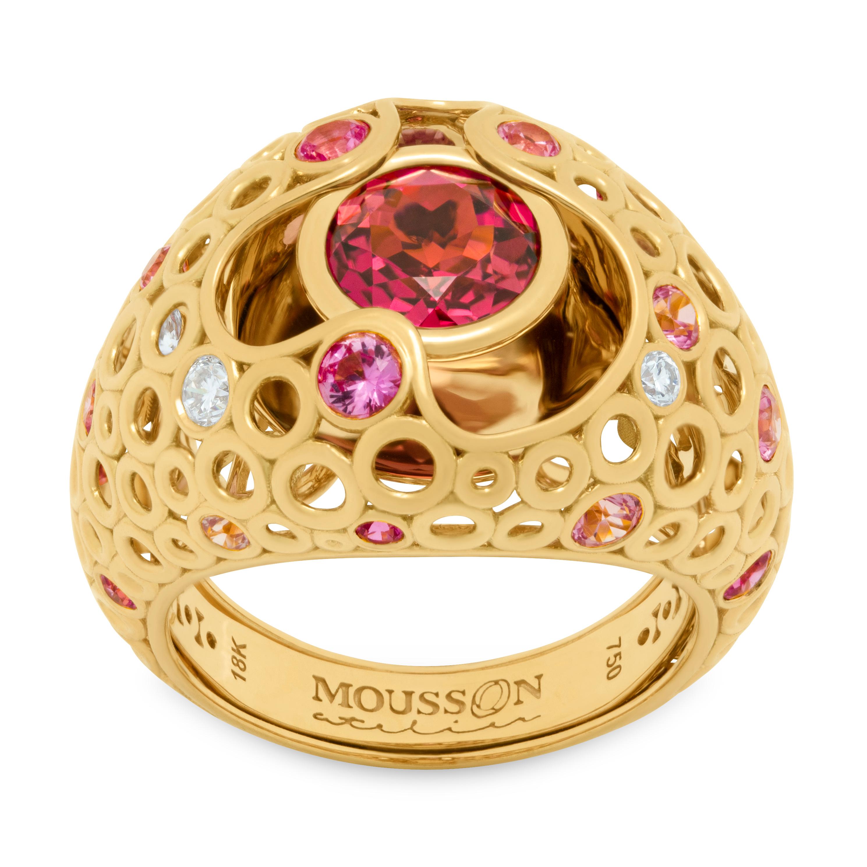 Pink Tourmaline 1.58 Carat Sapphires Diamonds 18 Karat Yellow Gold Bubble Ring
Incredibly light and airy Ring from our Bubbles Collection. Yellow 18 Karat Gold is made in the form of variety of small bubbles, some of which have 18 Pink Sapphires and