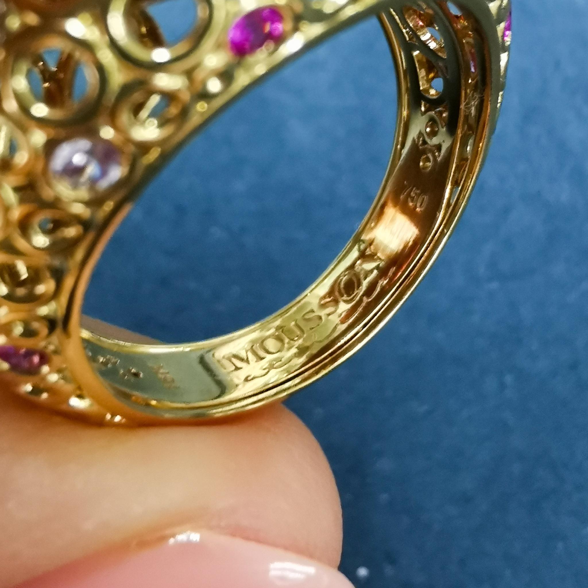 Pink Tourmaline 1.58 Carat Sapphires Diamonds 18 Karat Yellow Gold Bubble Ring For Sale 1