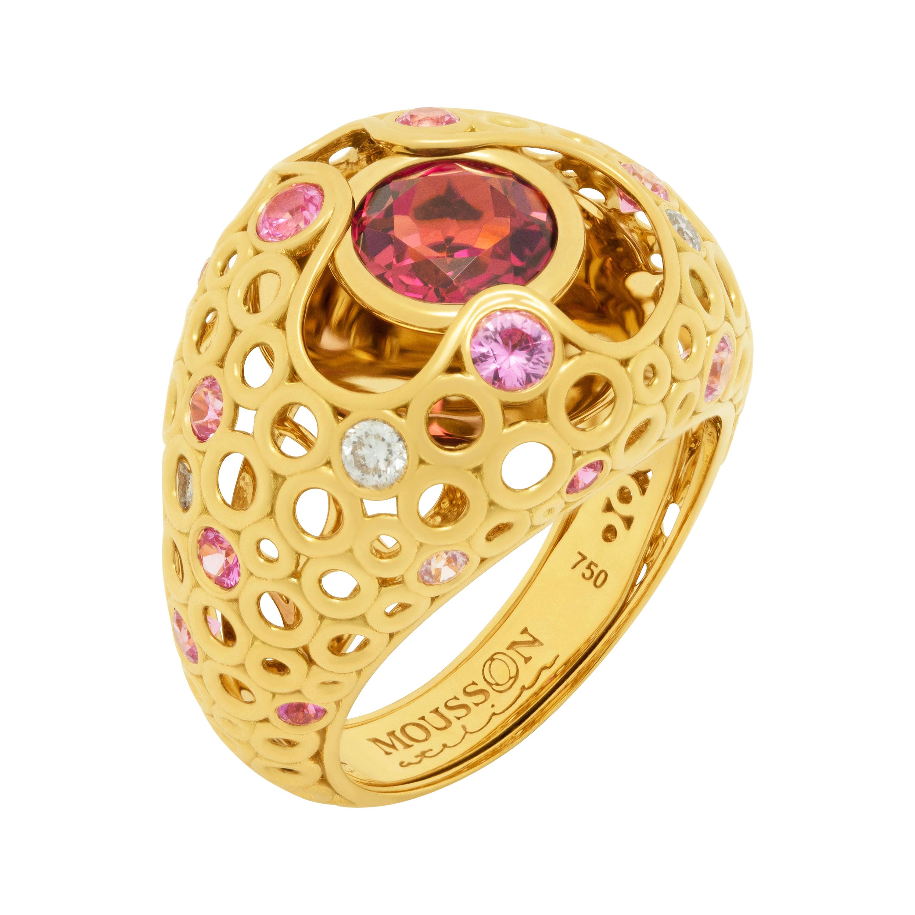 Bague bulle en or jaune 18 carats avec tourmaline rose, saphirs de 1,58 carat et diamants