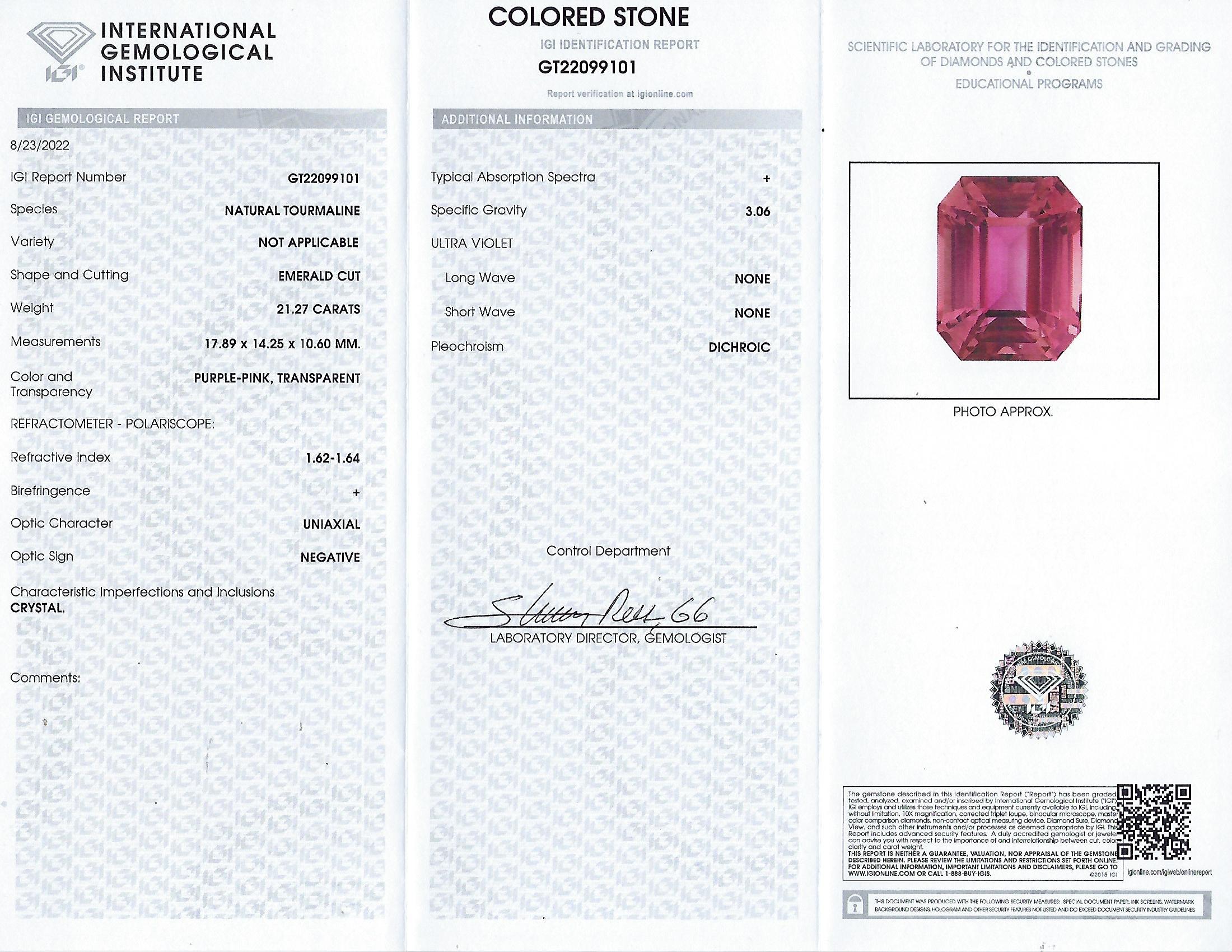 Pink Tourmaline 21.27 Carats Emerald Cut and Diamond Ring 18K Rose Gold For Sale 1