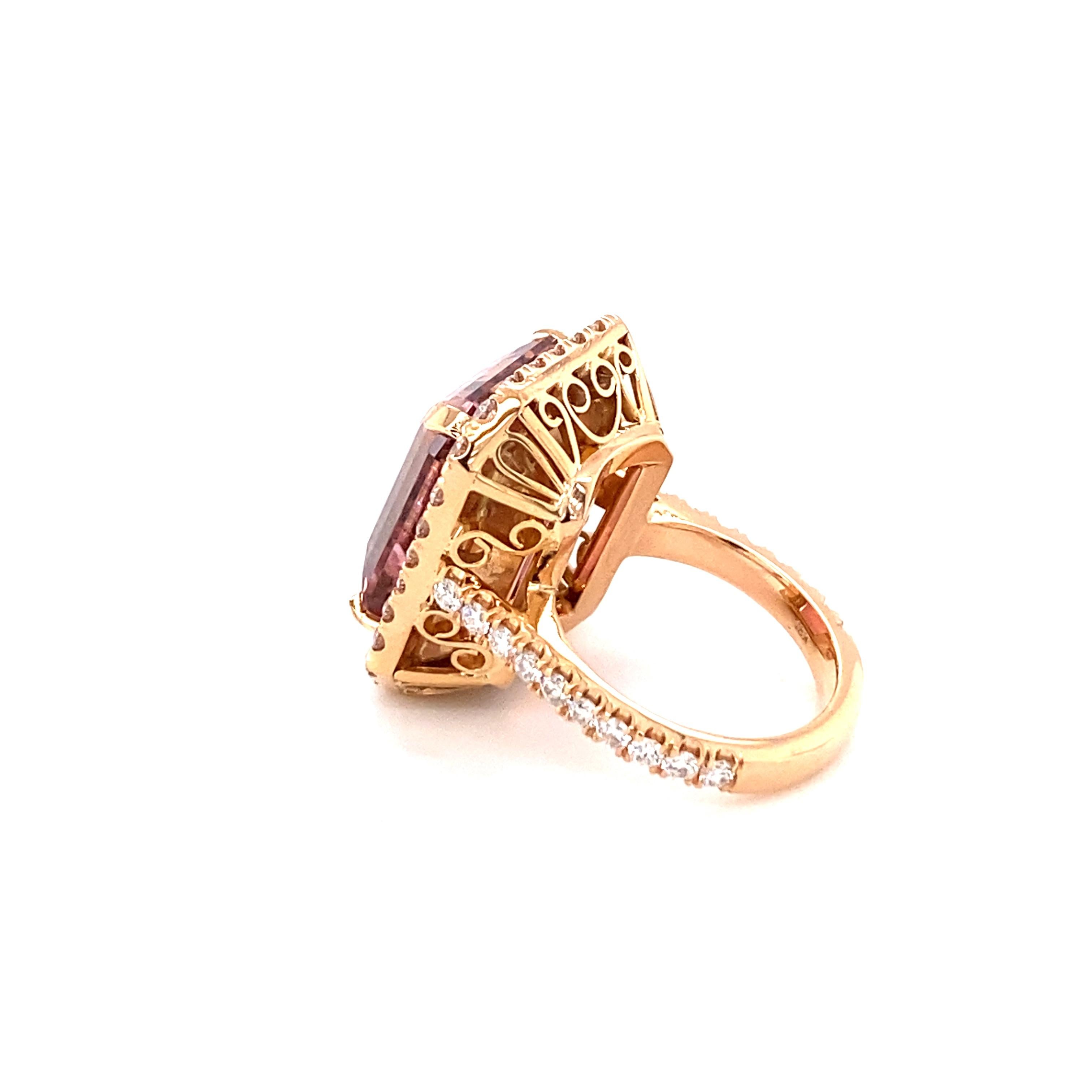 Pink Tourmaline 21.27 Carats Emerald Cut and Diamond Ring 18K Rose Gold In New Condition For Sale In Beverly Hills, CA