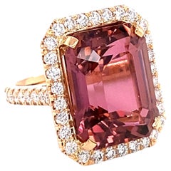 Pink Tourmaline 21.27 Carats Emerald Cut and Diamond Ring 18K Rose Gold