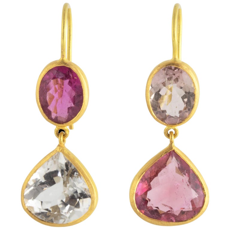 Ico & the Bird Fine Jewelry Pink Tourmaline 22 Karat Gold Earrings  For Sale