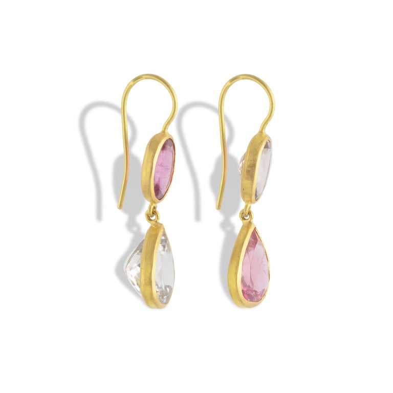 Pear Cut Ico & the Bird Fine Jewelry Pink Tourmaline 22 Karat Gold Earrings  For Sale