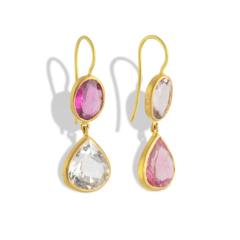 Ico & the Bird Fine Jewelry Pink Tourmaline 22 Karat Gold Earrings  In New Condition For Sale In Los Angeles, CA