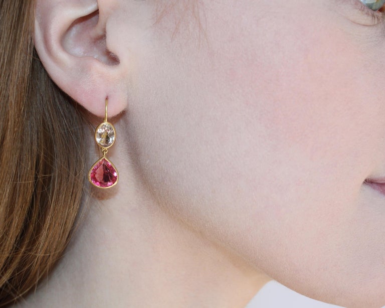 Ico & the Bird Fine Jewelry Pink Tourmaline 22 Karat Gold Earrings  For Sale 1