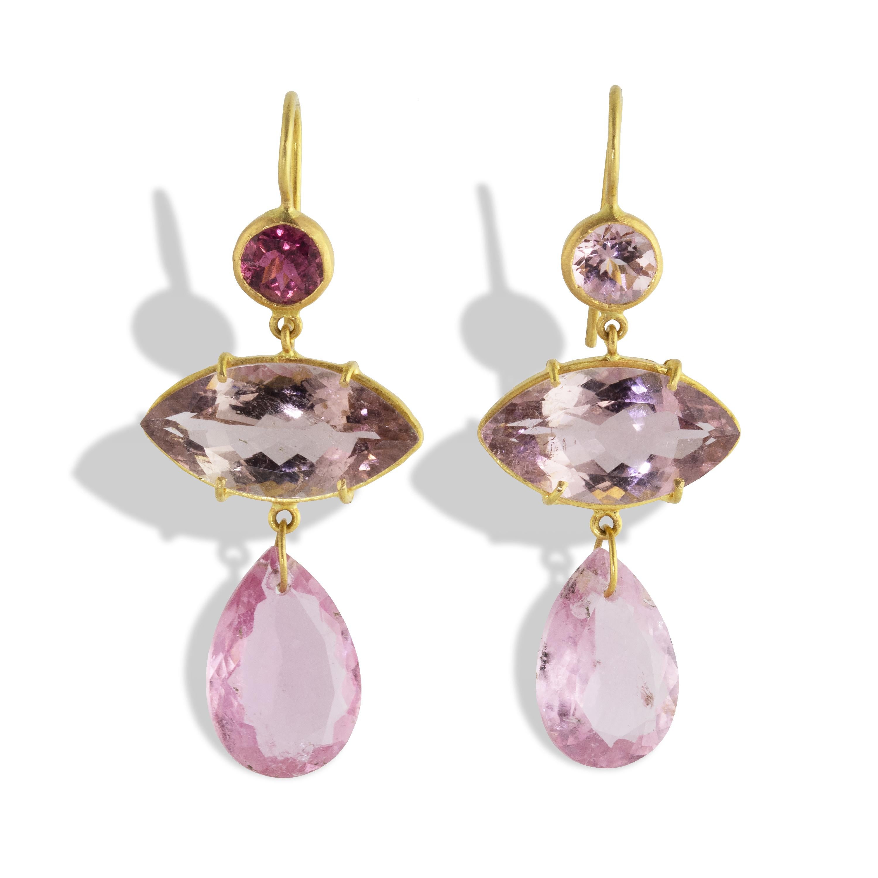 Spectacular and shimmering pink tourmaline ‘Surfboard’ drop earrings featuring 22.7 carats of various shades of pink.
Make a dramatic statement with these gorgeous, statement drops made with shades of pink tourmaline and set in 22k gold.
 Made by