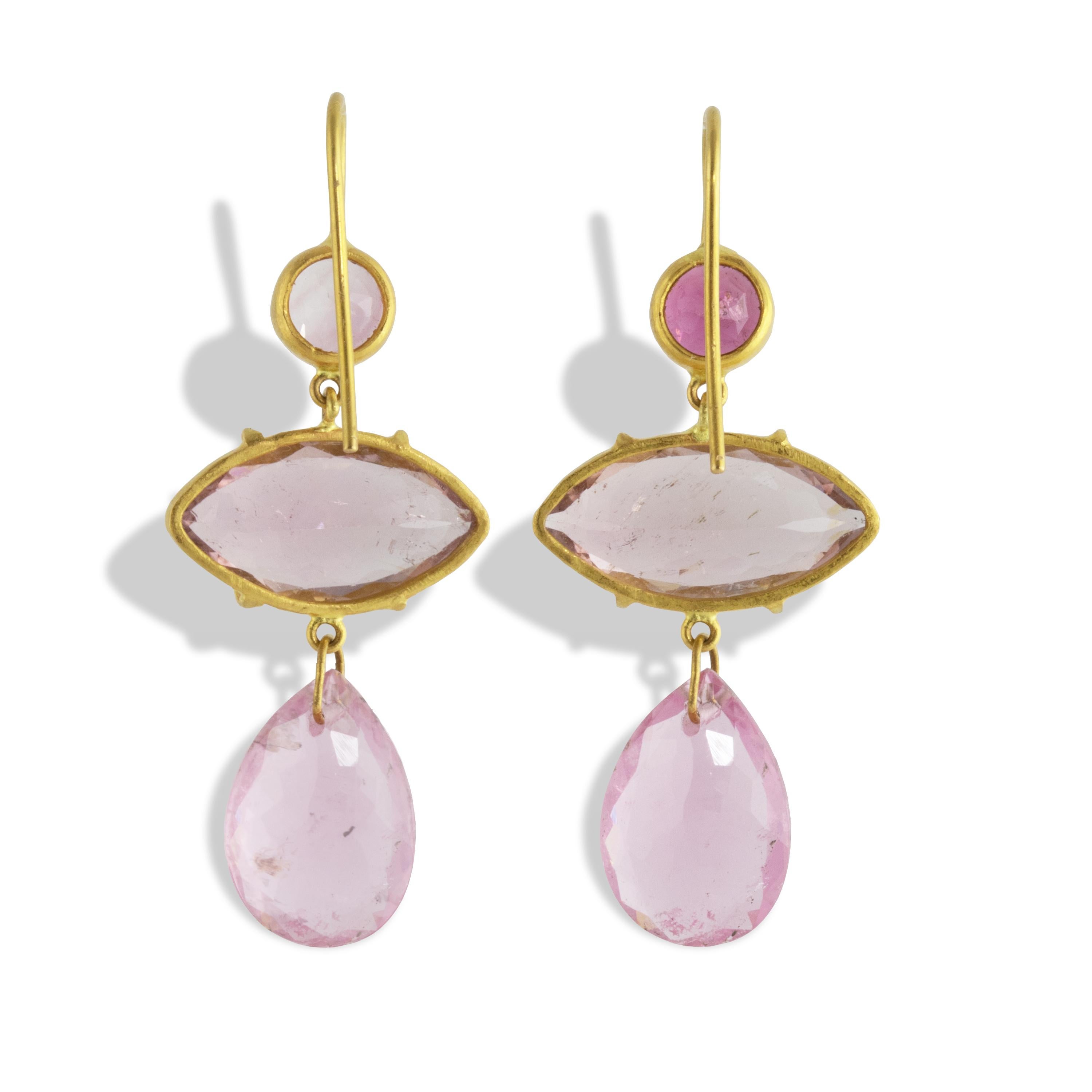Contemporary Ico & the Bird Fine Jewelry Pink Tourmaline ‘Surfboard’ 22 Karat Gold Earrings