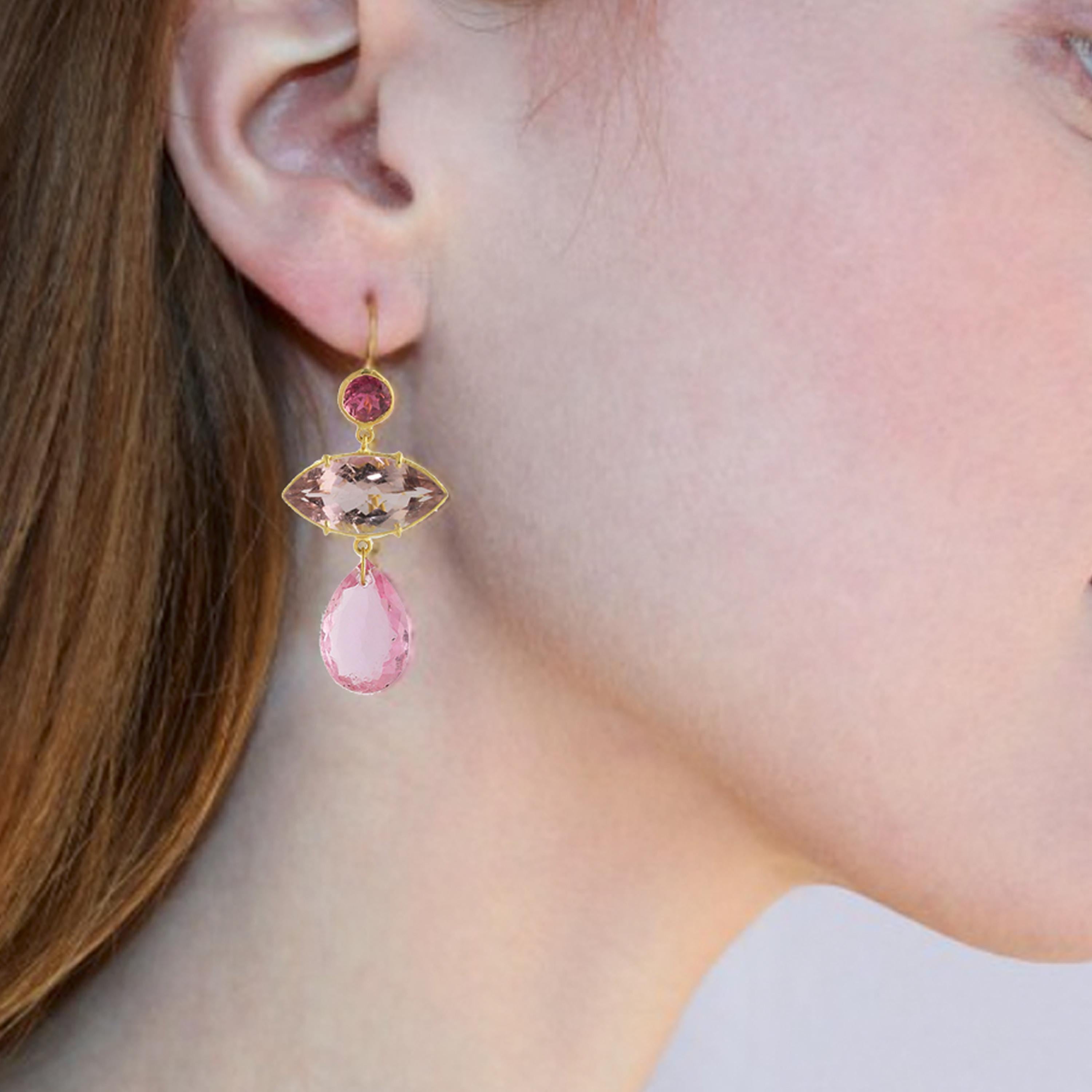 Brilliant Cut Ico & the Bird Fine Jewelry Pink Tourmaline ‘Surfboard’ 22 Karat Gold Earrings