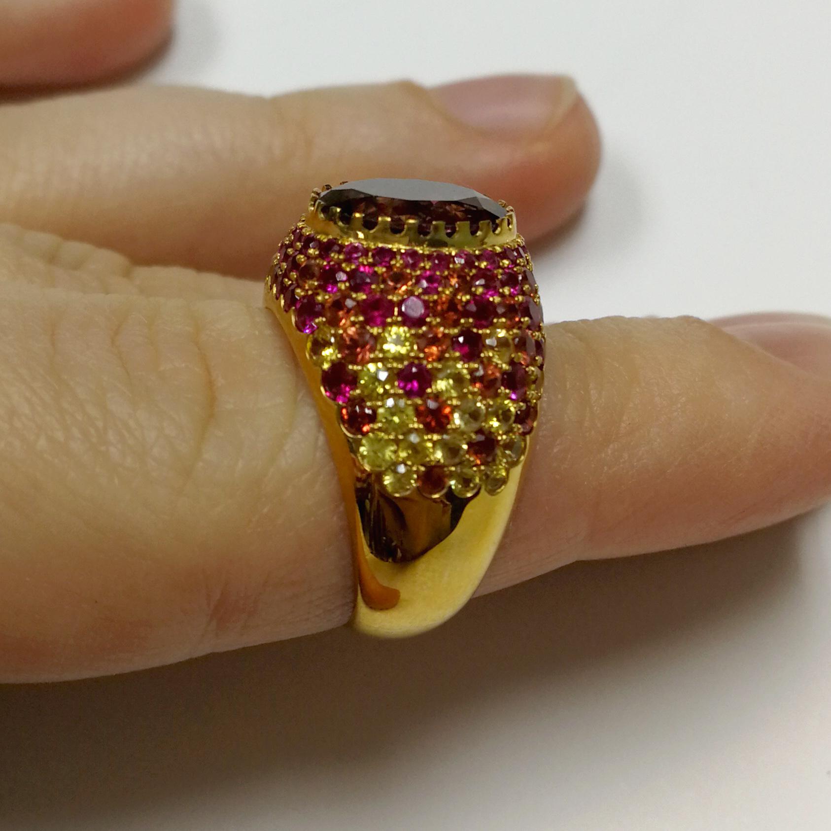 Pink Tourmaline 2.32 Carat Rubies Sapphires Yellow 18 Karat Gold Riviera Ring For Sale 4