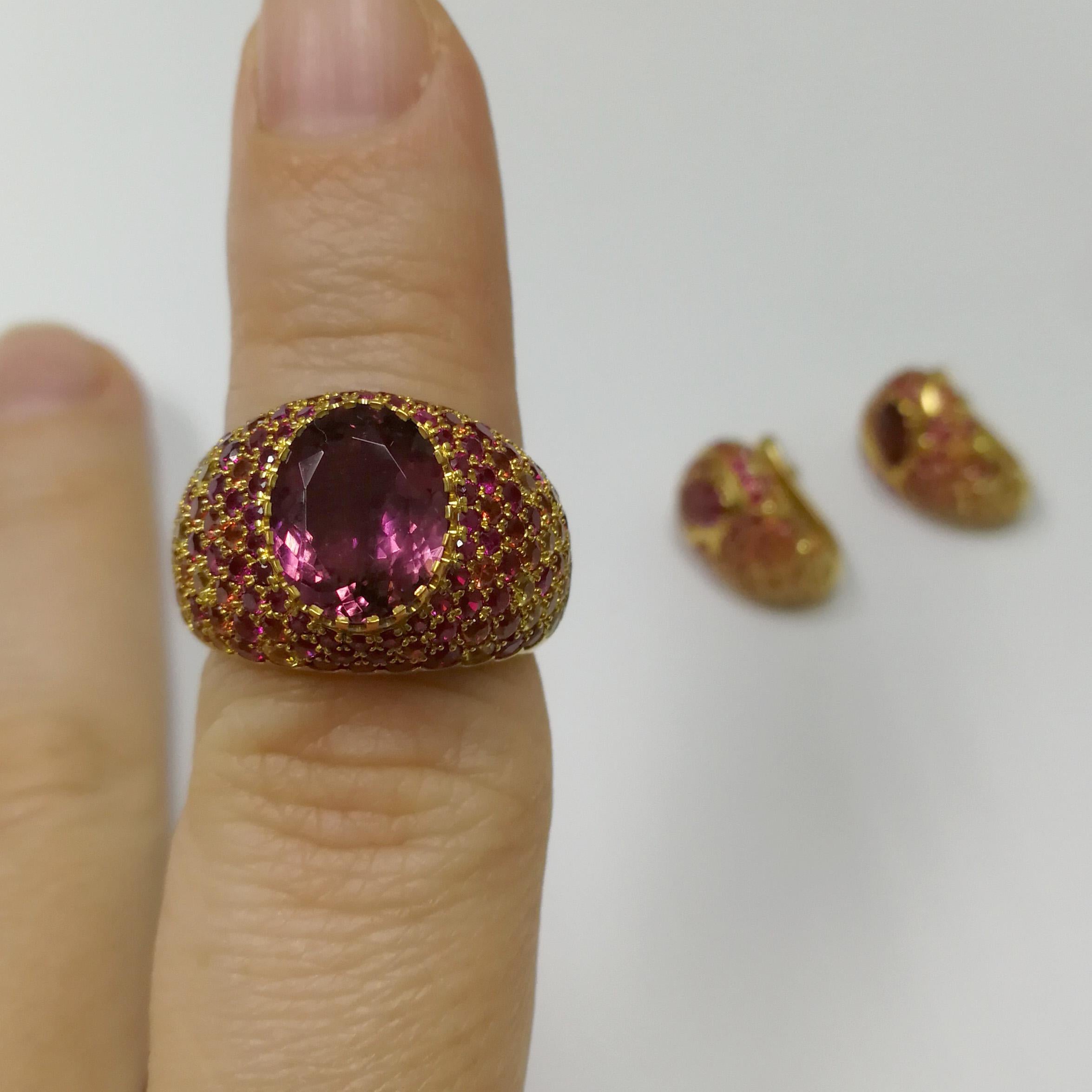 Pink Tourmaline 2.32 Carat Rubies Sapphires Yellow 18 Karat Gold Riviera Ring For Sale 5