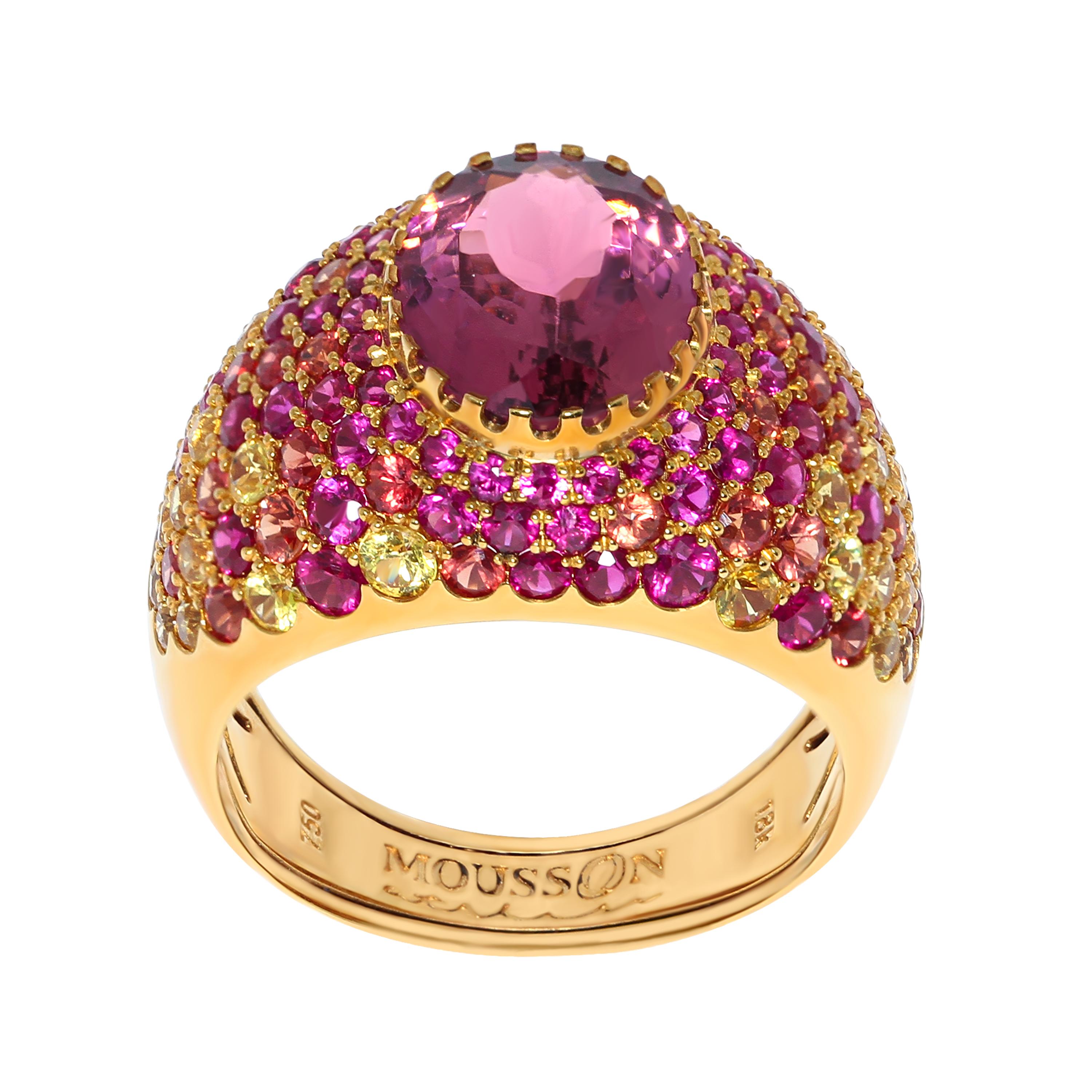Pink Tourmaline 2.32 Carat Rubies Sapphires Yellow 18 Karat Gold Riviera Ring
The name and the variety of colours in this collection are associated with the bright Italian and French Riviera, vivid and colourful houses and sun reflections on the
