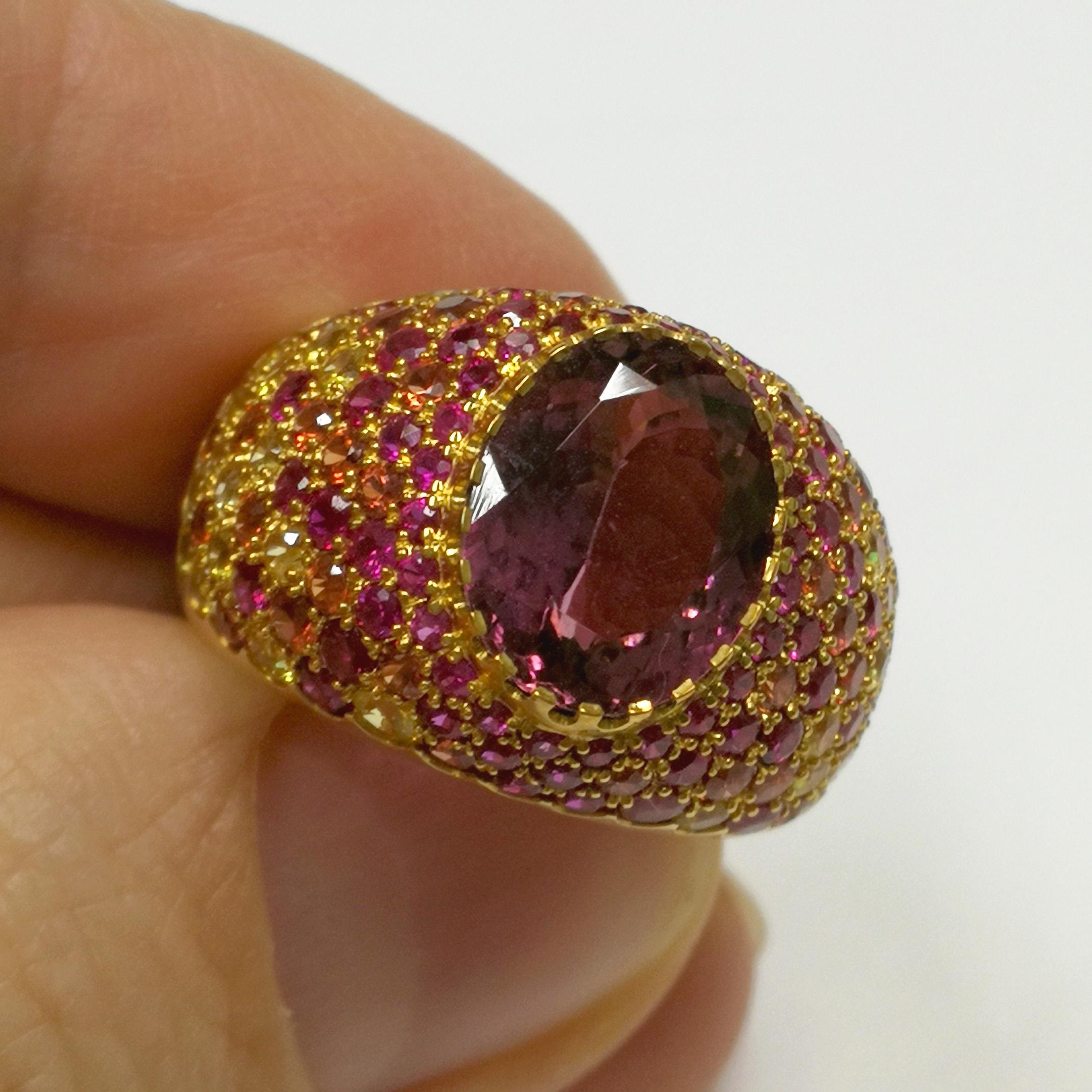 Contemporary Pink Tourmaline 2.32 Carat Rubies Sapphires Yellow 18 Karat Gold Riviera Ring For Sale