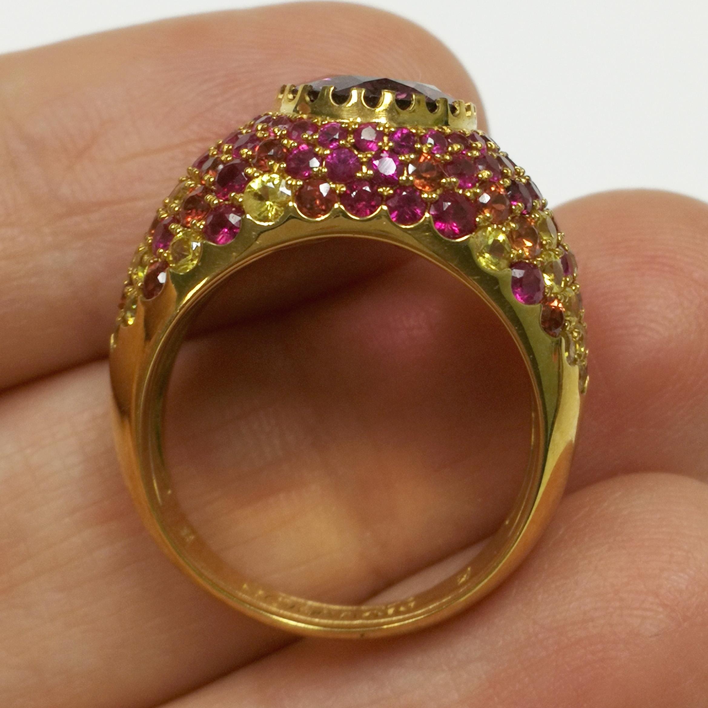 Oval Cut Pink Tourmaline 2.32 Carat Rubies Sapphires Yellow 18 Karat Gold Riviera Ring For Sale
