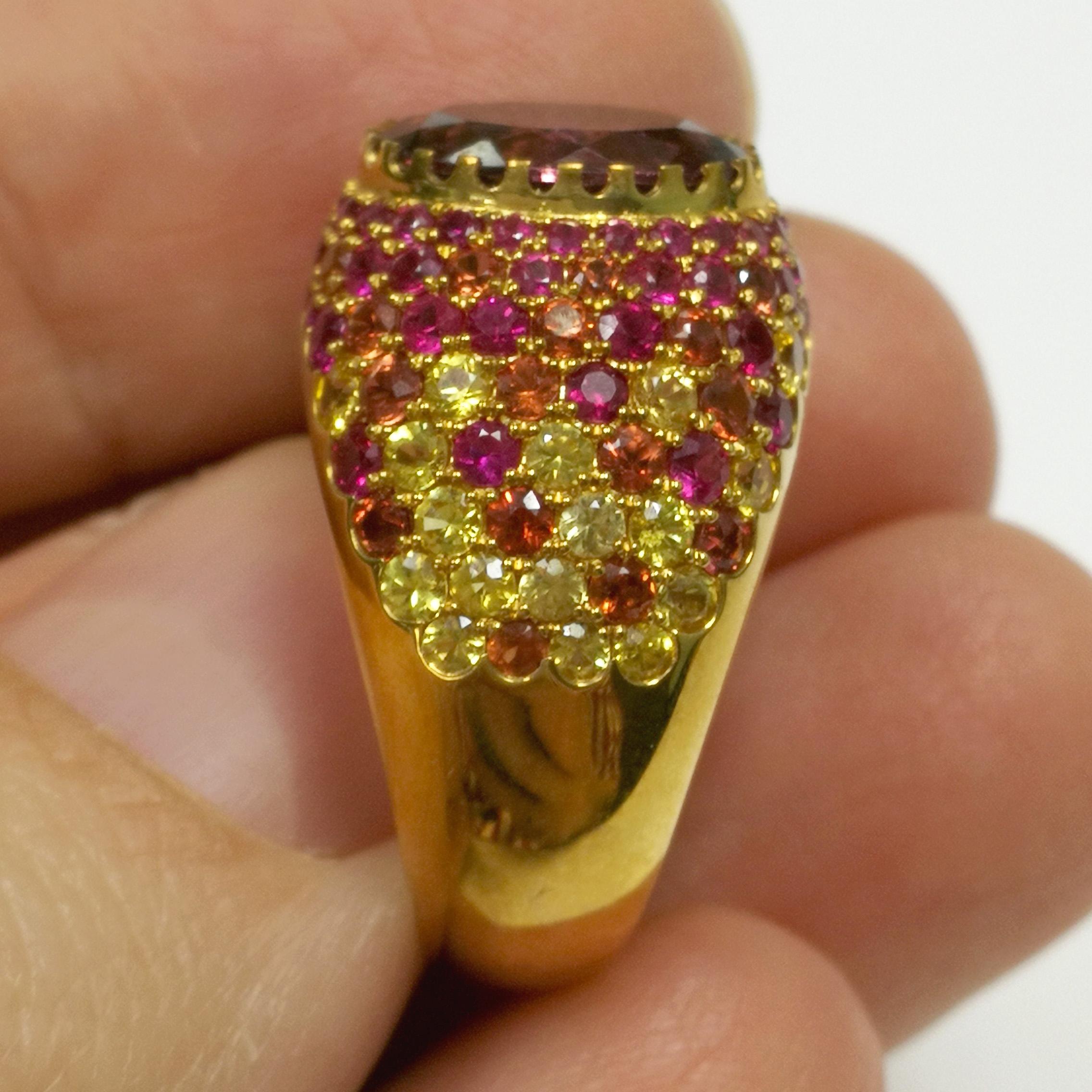 Pink Tourmaline 2.32 Carat Rubies Sapphires Yellow 18 Karat Gold Riviera Ring In New Condition For Sale In Bangkok, TH