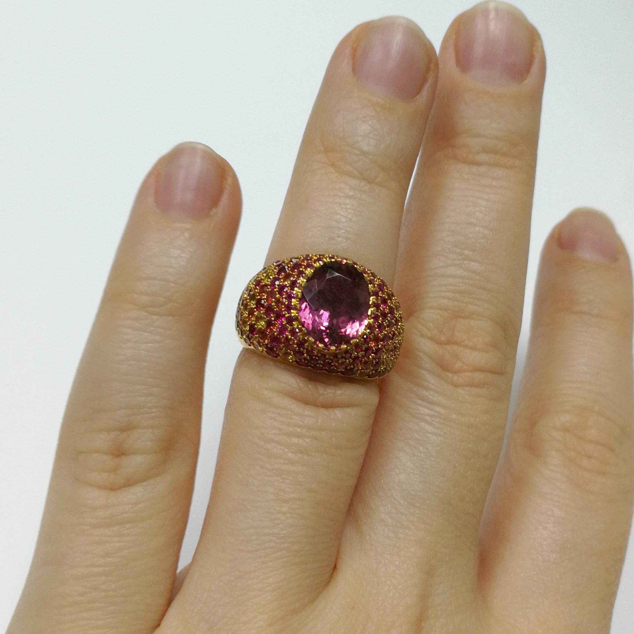 Pink Tourmaline 2.32 Carat Rubies Sapphires Yellow 18 Karat Gold Riviera Ring For Sale 1