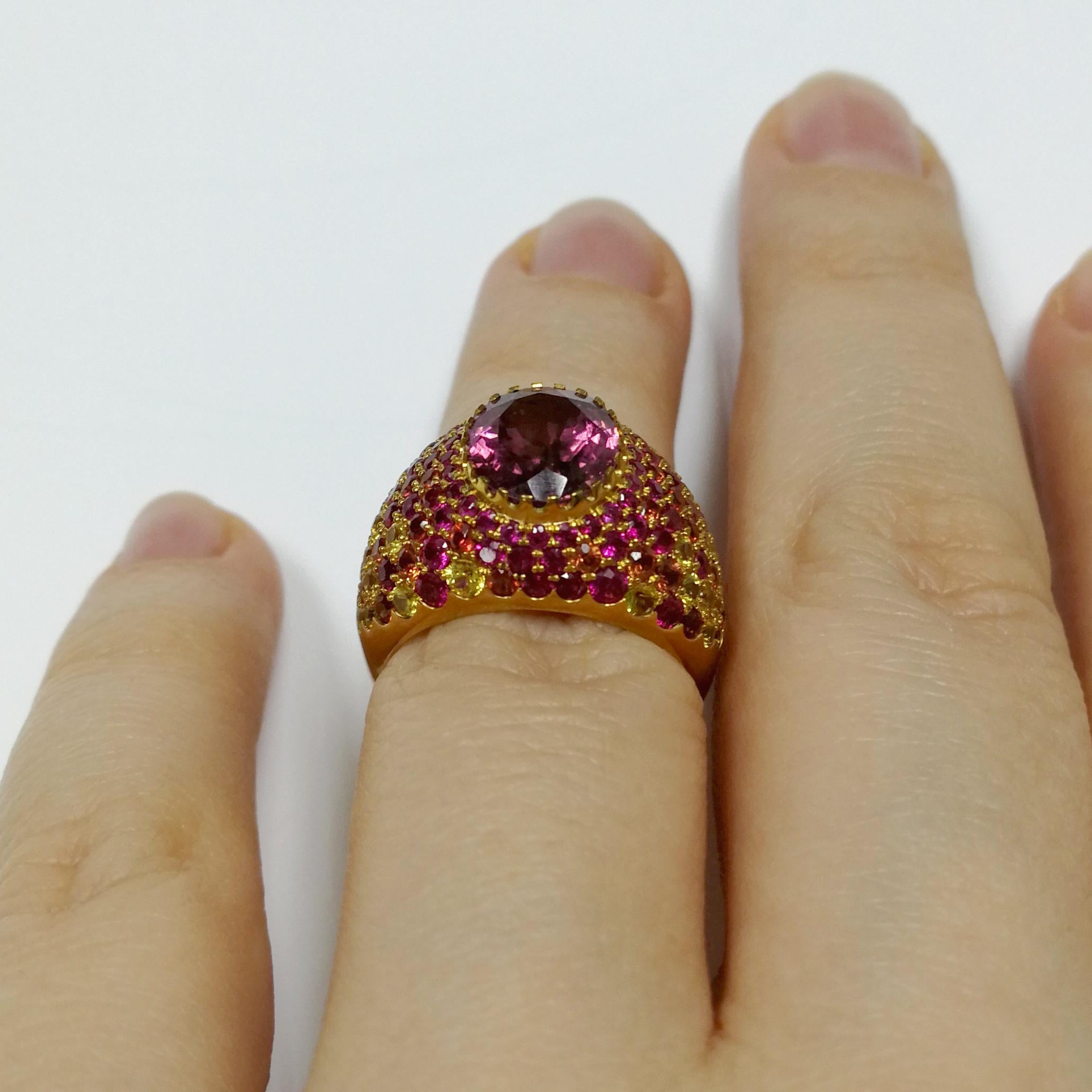 Pink Tourmaline 2.32 Carat Rubies Sapphires Yellow 18 Karat Gold Riviera Ring For Sale 2