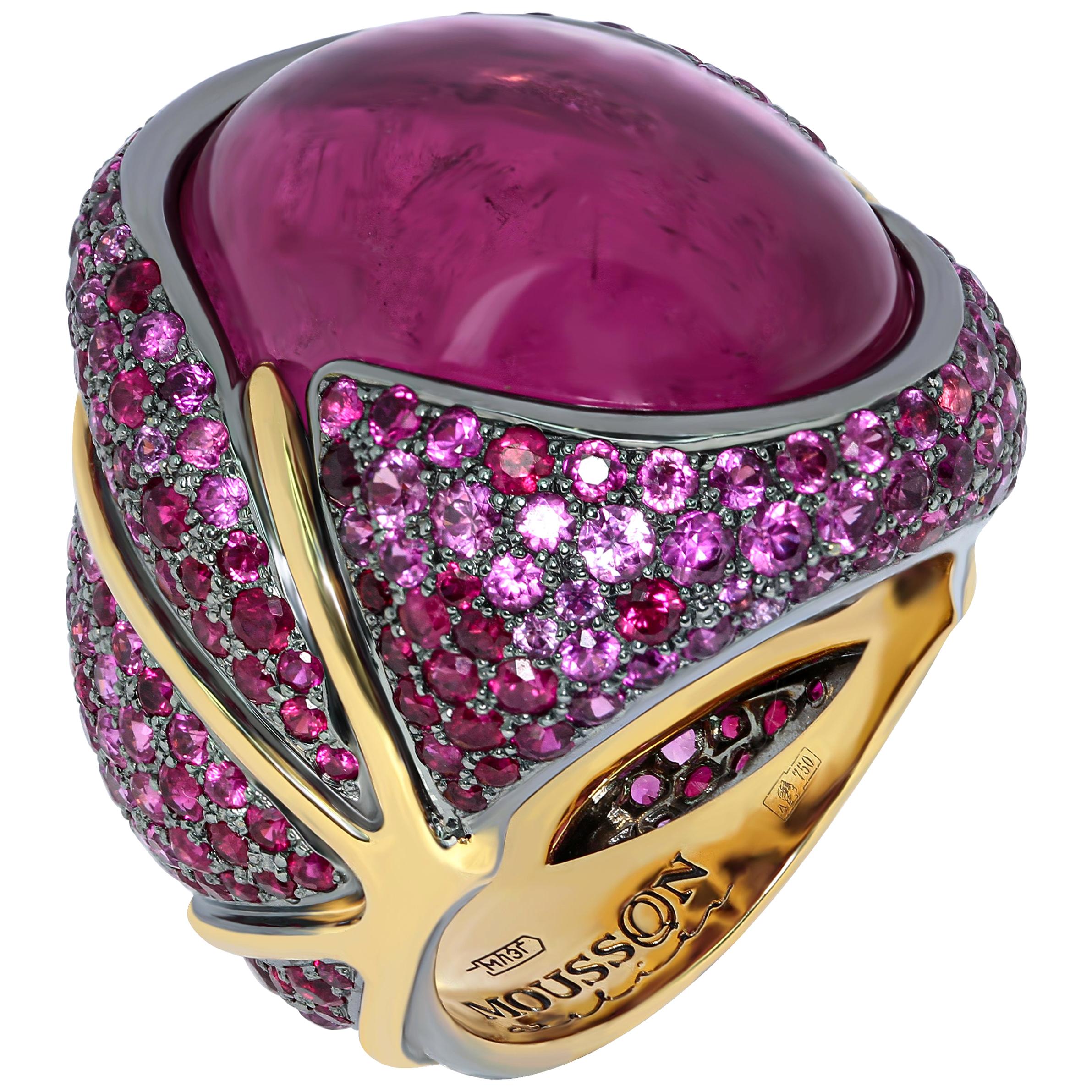 Pink Tourmaline 23.33 Carat Ruby Pink Sapphire 18 Karat Yellow Gold Ring For Sale