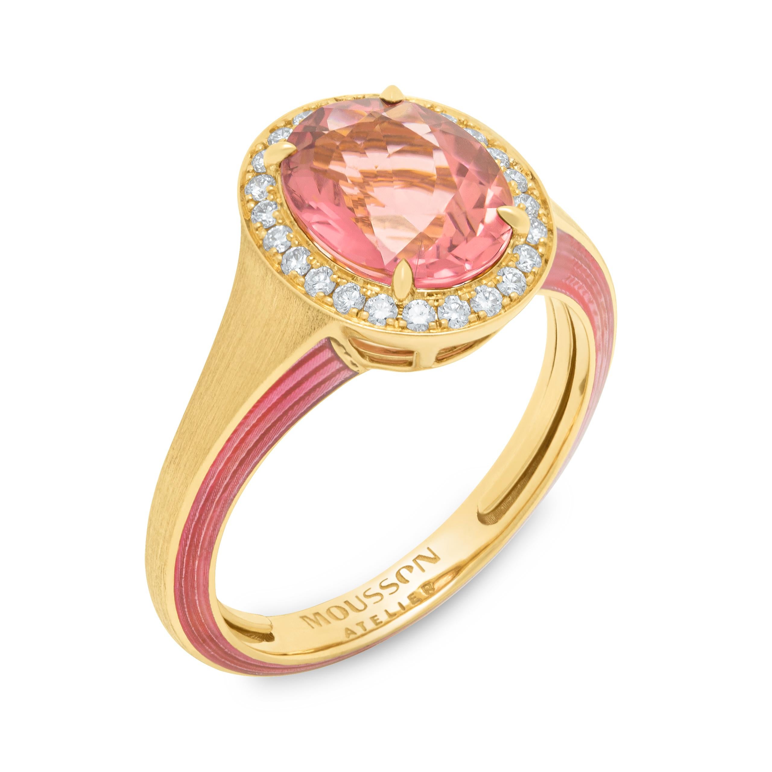 Pink Tourmaline 2.49 Carat Diamonds 18 Karat Yellow Gold Enamel New Classic Ring
We have published a series of new Rings with the same idea but with different details. Introducing a Ring crafted from 18 Karat Yellow Gold, which in company with 2.49