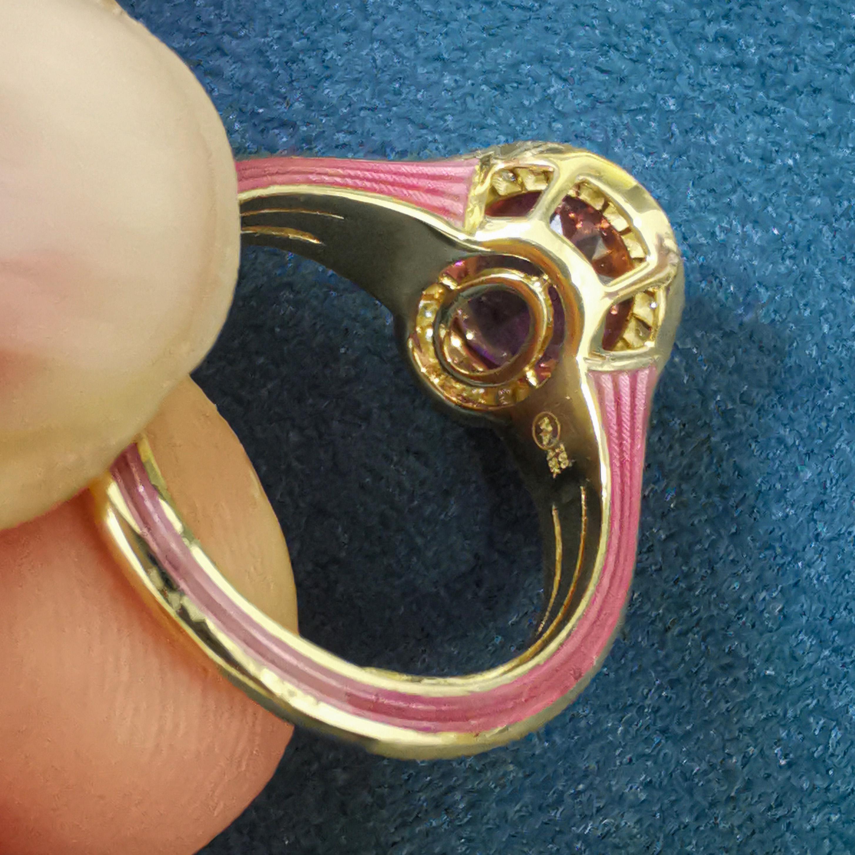 Pink Tourmaline 2.49 Carat Diamonds 18 Karat Yellow Gold Enamel New Classic Ring For Sale 1