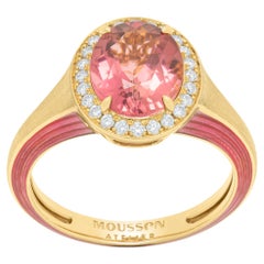 Pink Tourmaline 2.49 Carat Diamonds 18 Karat Yellow Gold Enamel New Classic Ring
