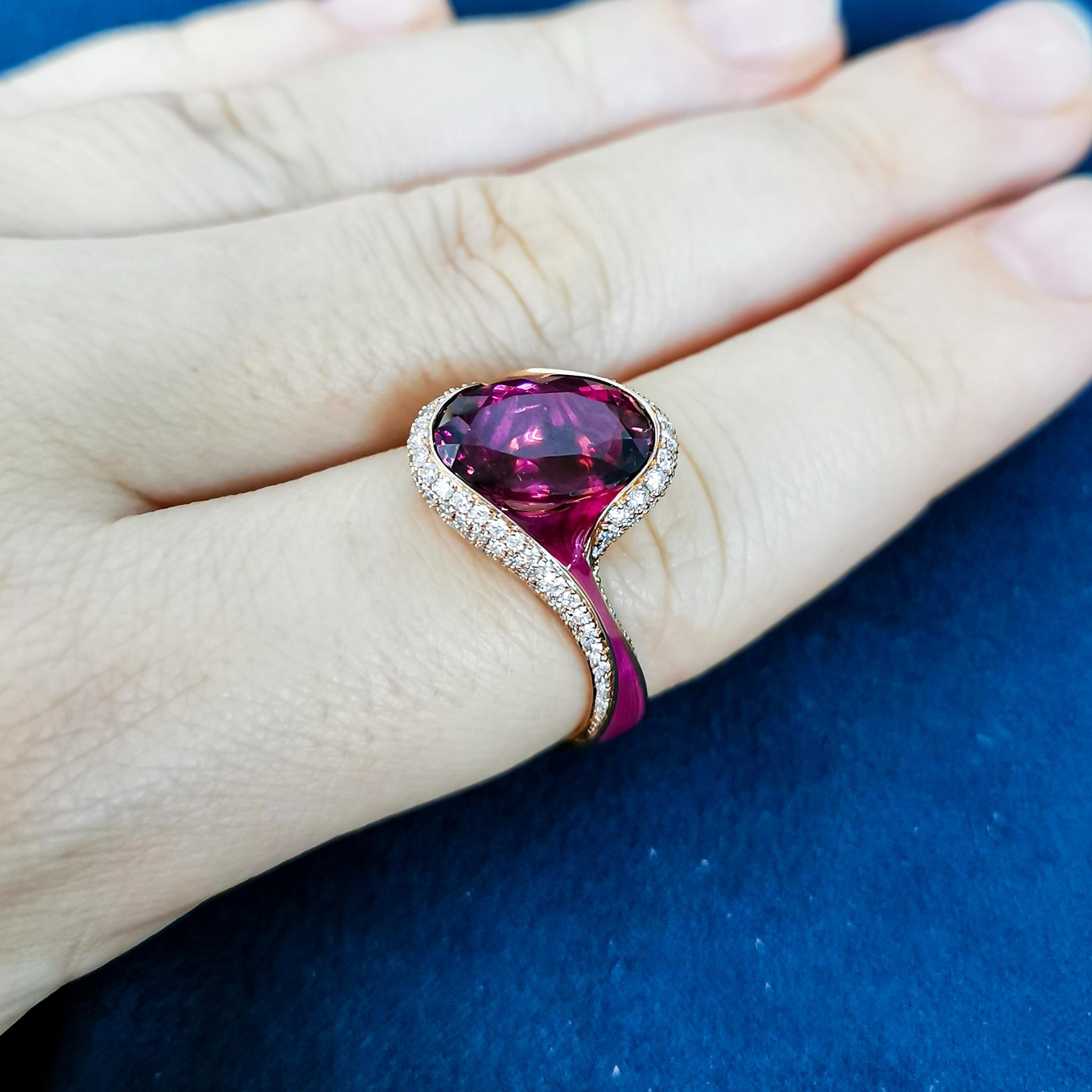 Pink Tourmaline 4.45 Carat Diamonds Enamel 18 Karat Rose Gold Melted Colors Ring For Sale 2