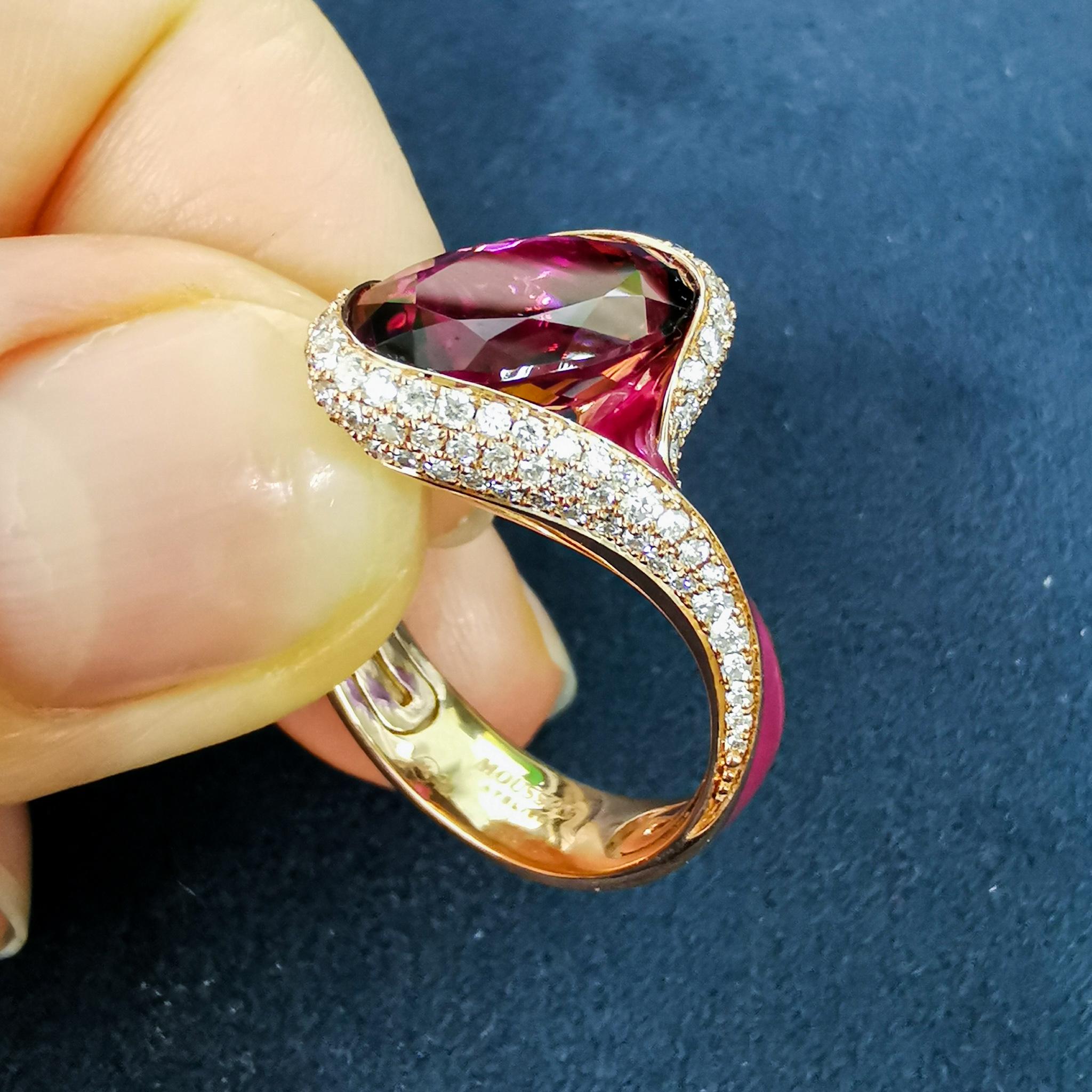 Rosa Turmalin 4,45 Karat Diamanten Emaille 18 Karat Roségold ge Melted Colors Ring (Zeitgenössisch) im Angebot