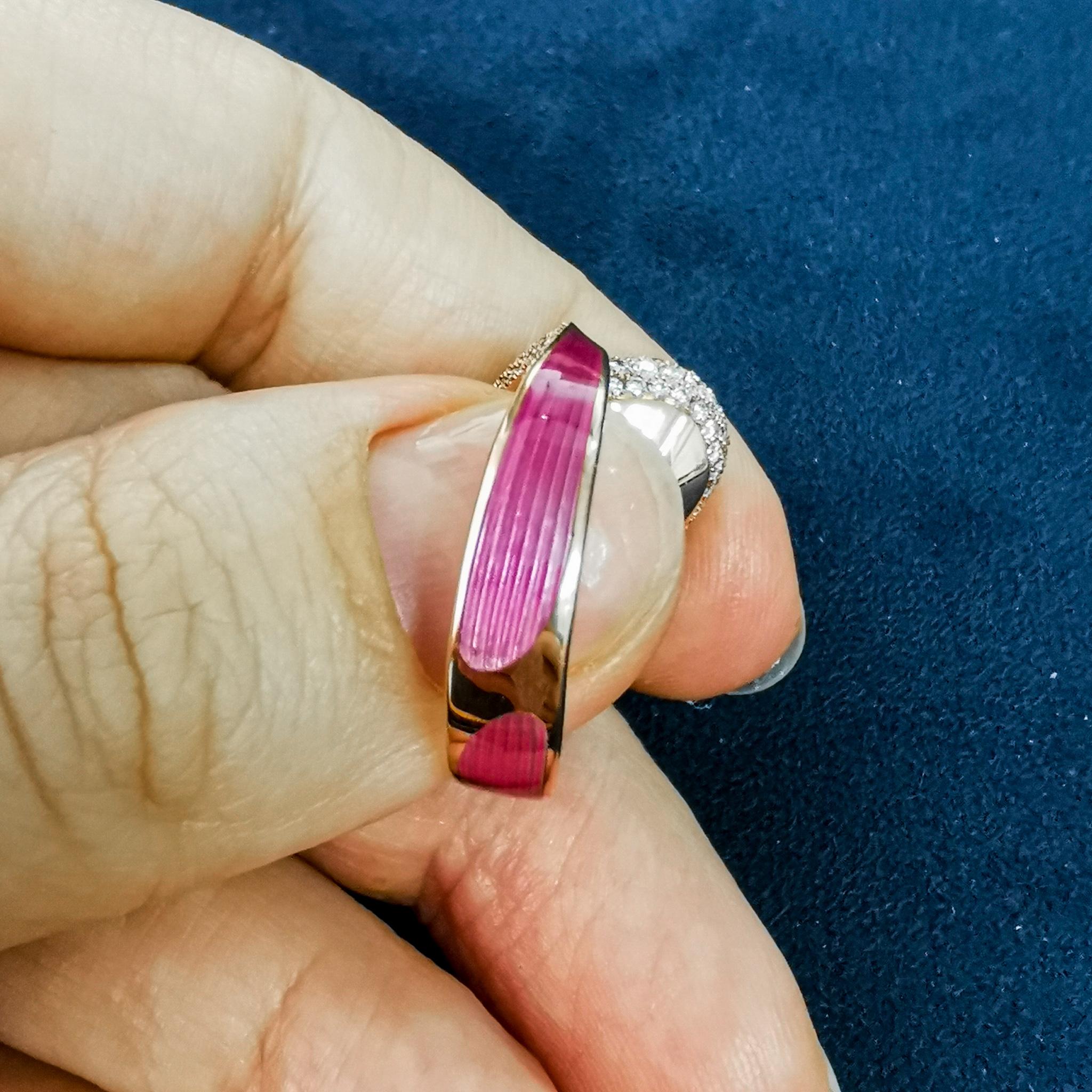 Oval Cut Pink Tourmaline 4.45 Carat Diamonds Enamel 18 Karat Rose Gold Melted Colors Ring For Sale