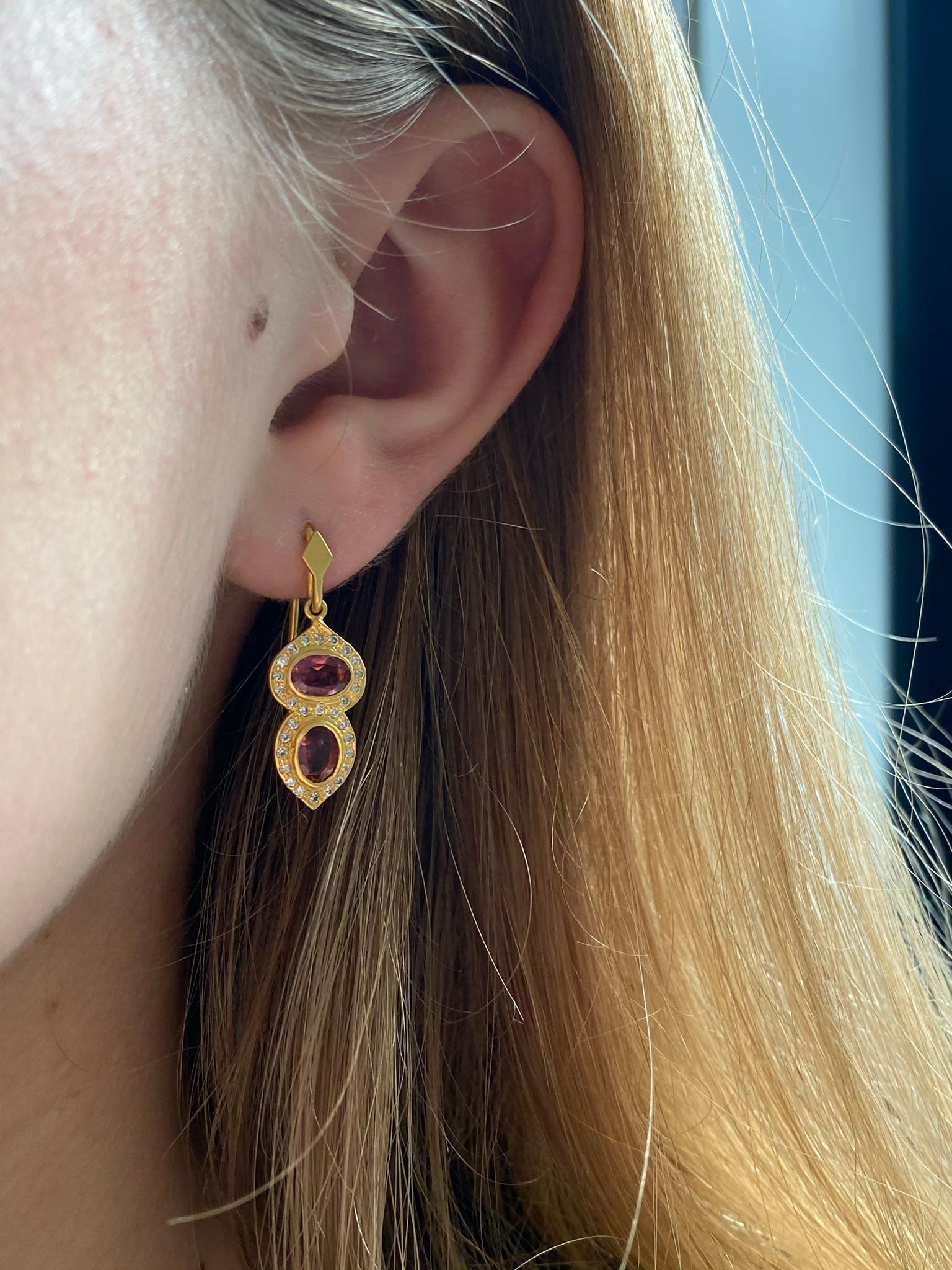 Designed by award winning jewelry designer, Lauren Harper, these hand made Pink Tourmaline and .46ct diamond earrings are simple and stunning. Finished in Harper's signature matte 18kt Gold, they are perfect for daytime or evening wear.  Earrings