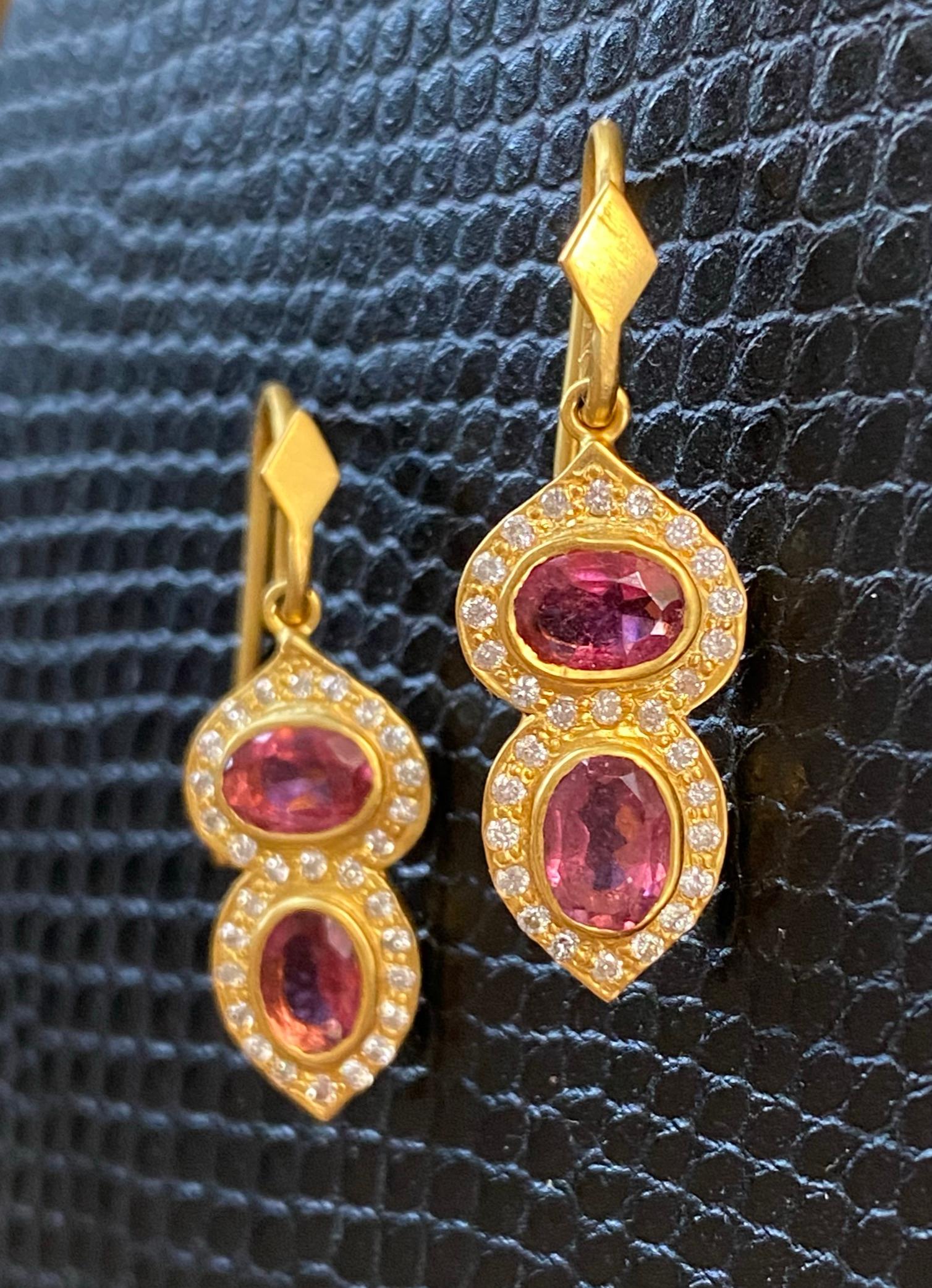 Oval Cut Pink Tourmaline .46 Carat Diamond Gold Earrings by Lauren Harper For Sale