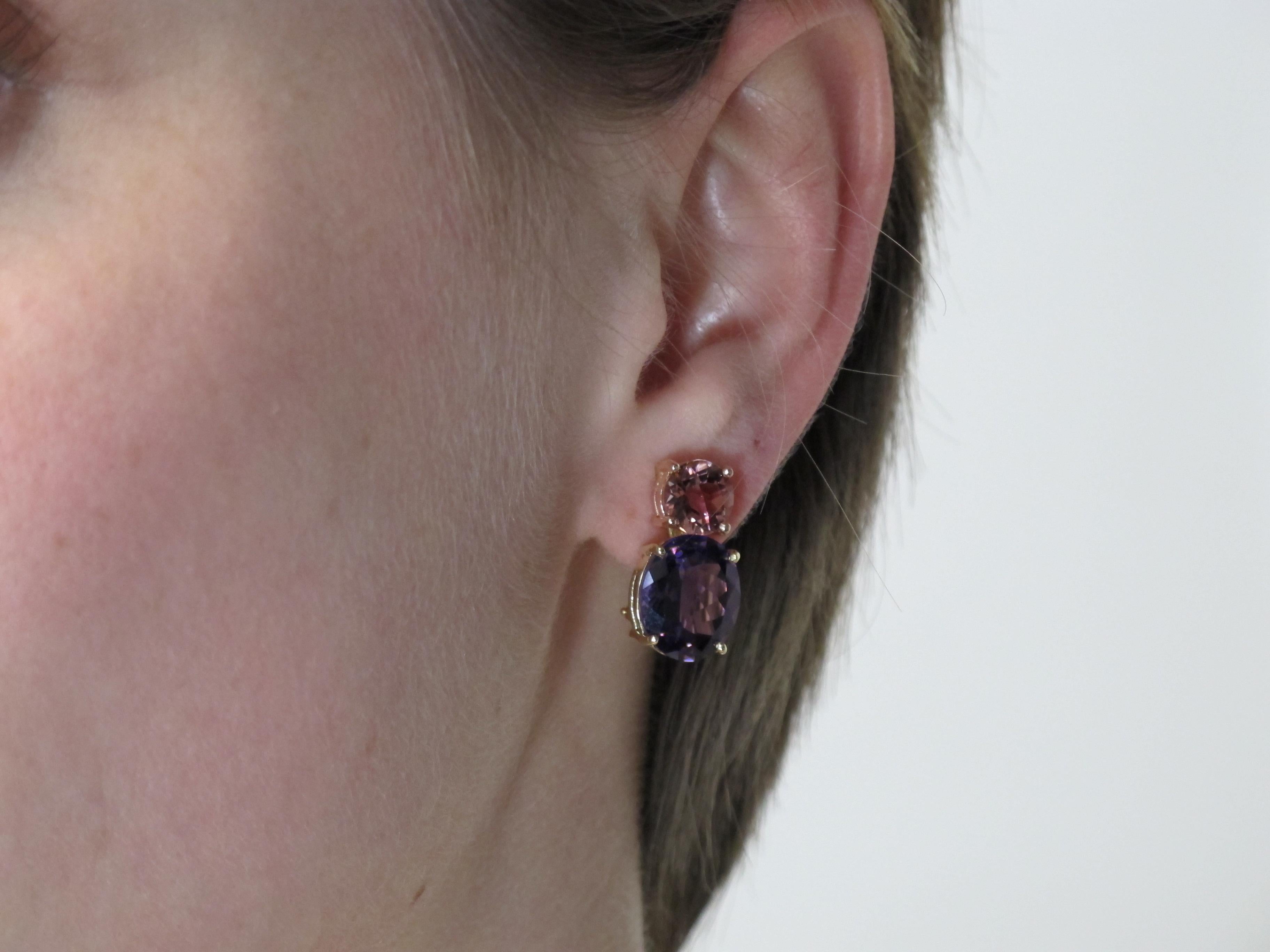 Tourmaline rose, Améthyste Boucles d'oreilles à clip en or rose et jaune 18k en vente 4
