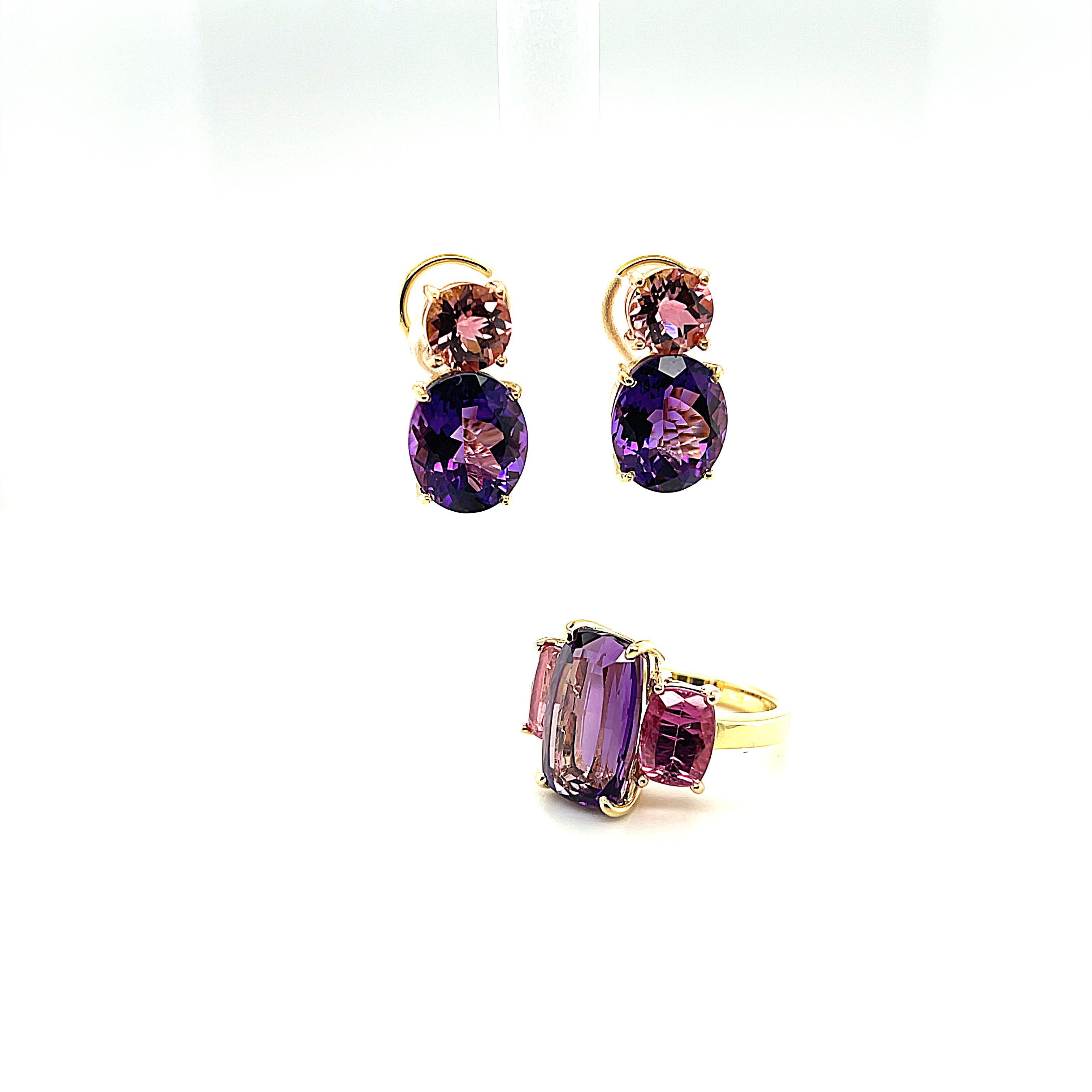 Tourmaline rose, Améthyste Boucles d'oreilles à clip en or rose et jaune 18k en vente 6