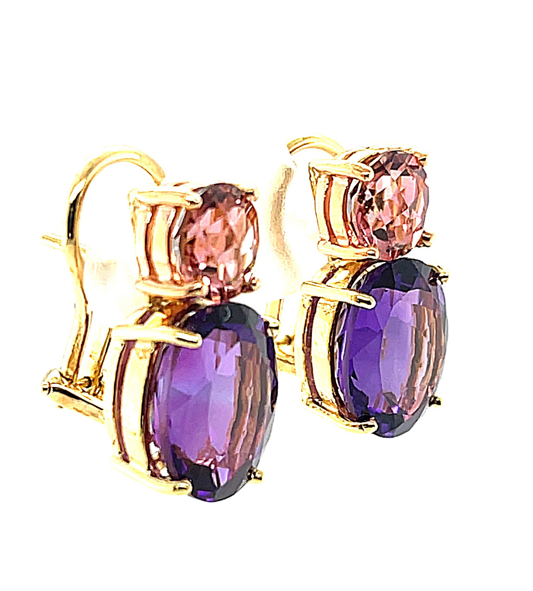 Artisan Tourmaline rose, Améthyste Boucles d'oreilles à clip en or rose et jaune 18k en vente