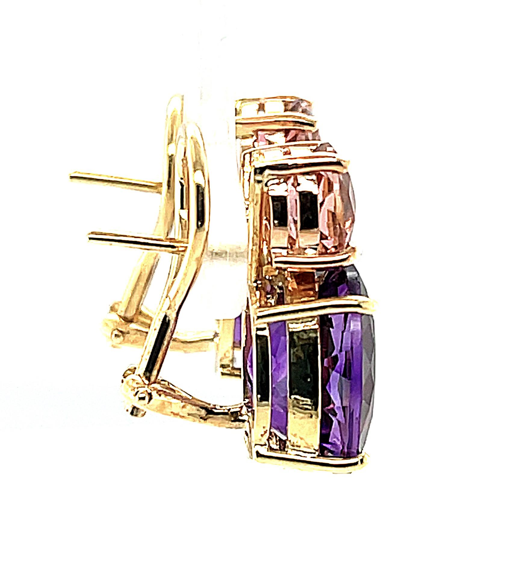 Taille ovale Tourmaline rose, Améthyste Boucles d'oreilles à clip en or rose et jaune 18k en vente