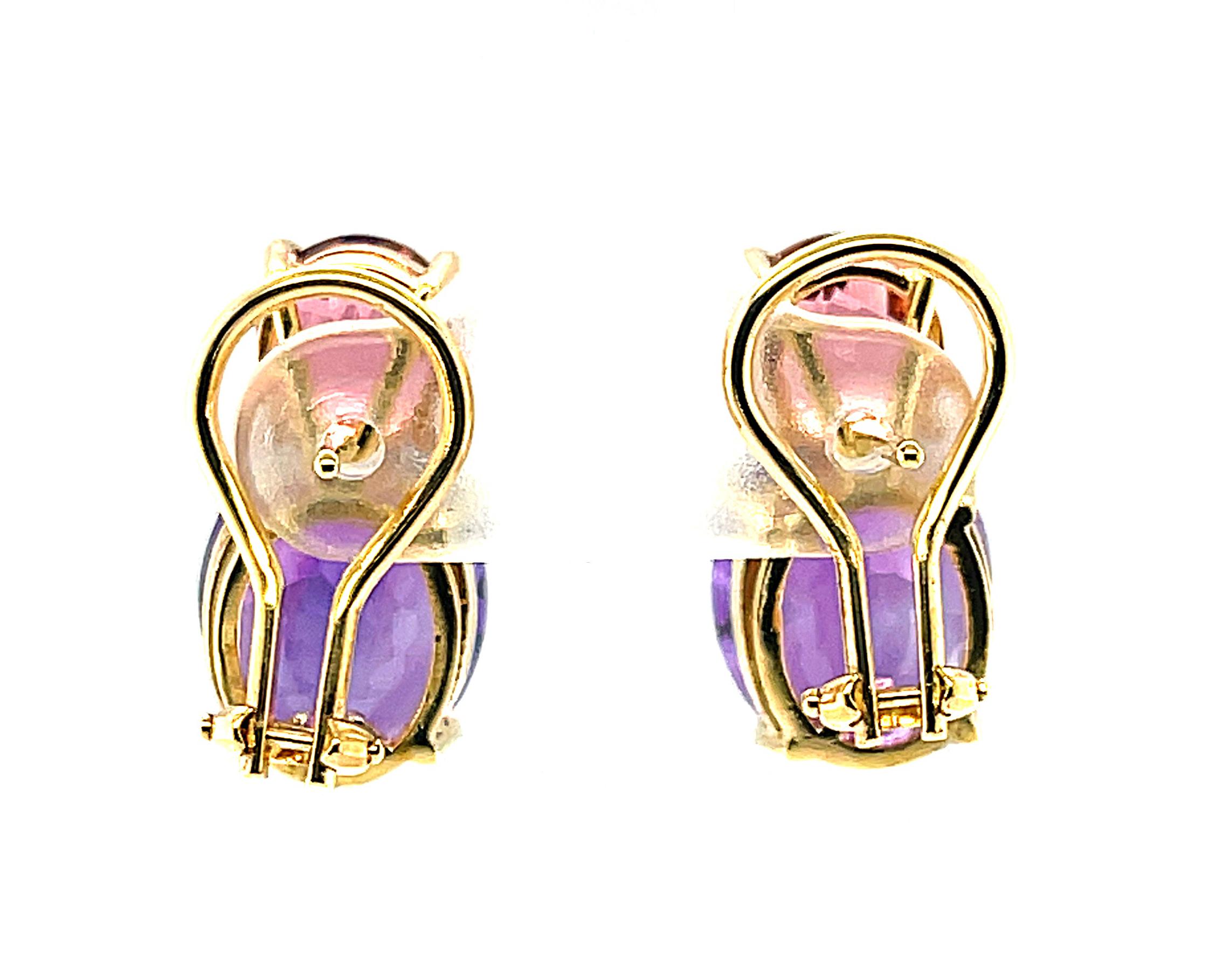 Oval Cut Pink Tourmaline, Amethyst 18k Rose, Yellow Gold French Clip Drop Post Earrings