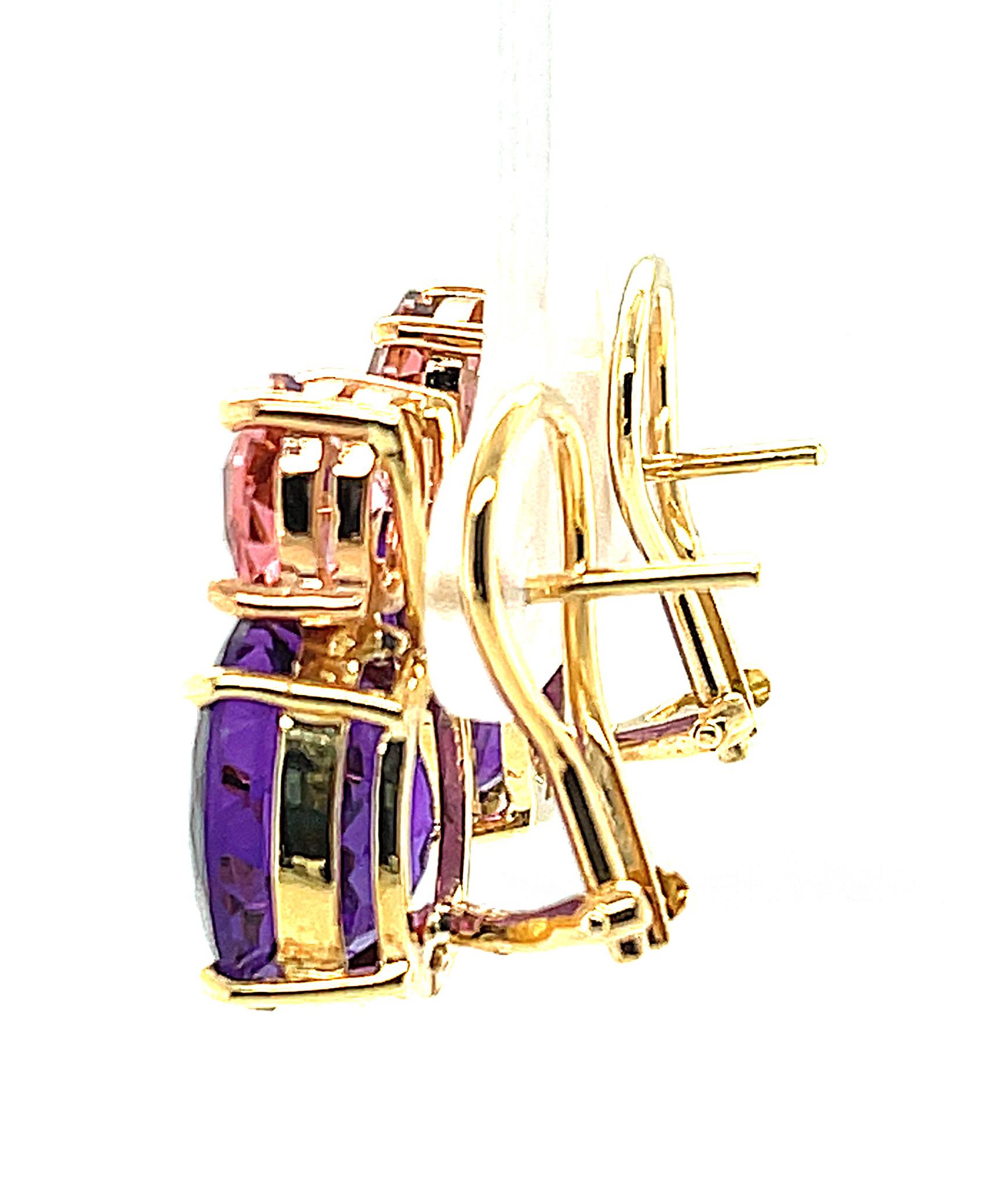 Pink Tourmaline, Amethyst 18k Rose, Yellow Gold French Clip Drop Post Earrings In New Condition In Los Angeles, CA