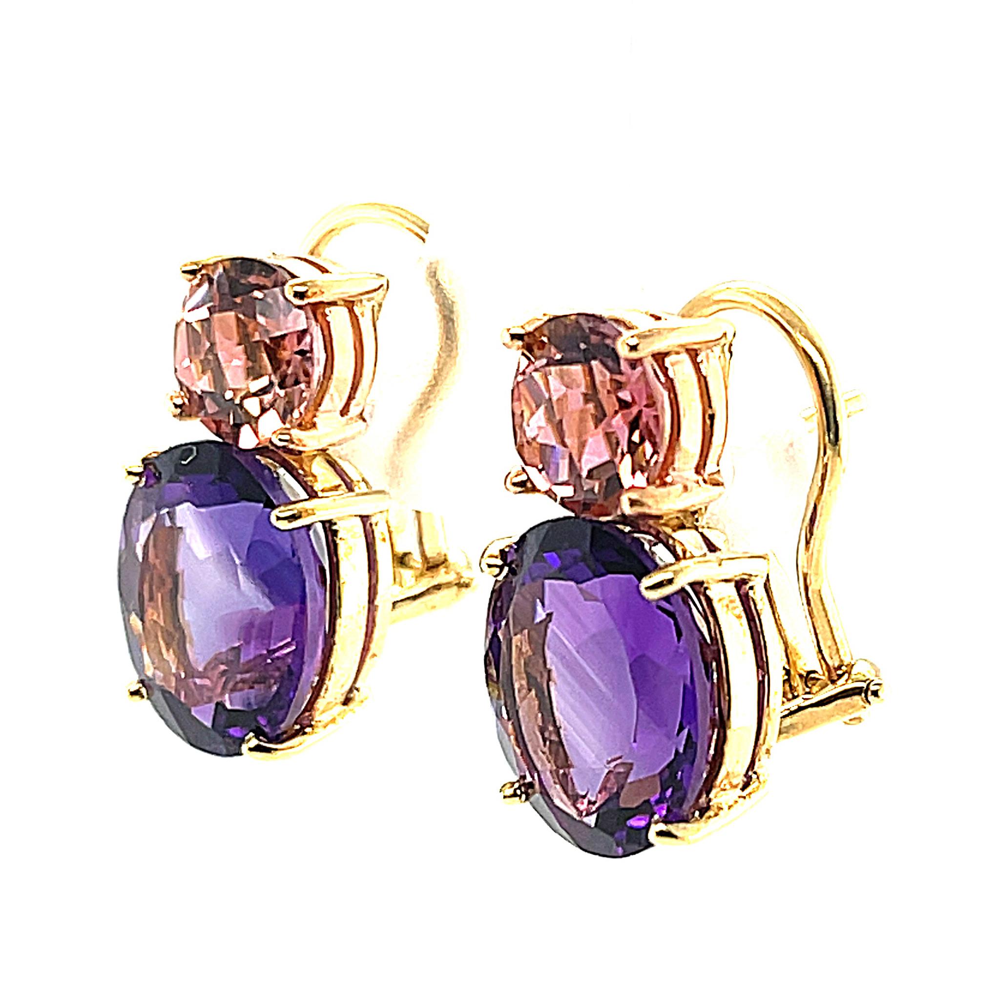 Tourmaline rose, Améthyste Boucles d'oreilles à clip en or rose et jaune 18k en vente 1