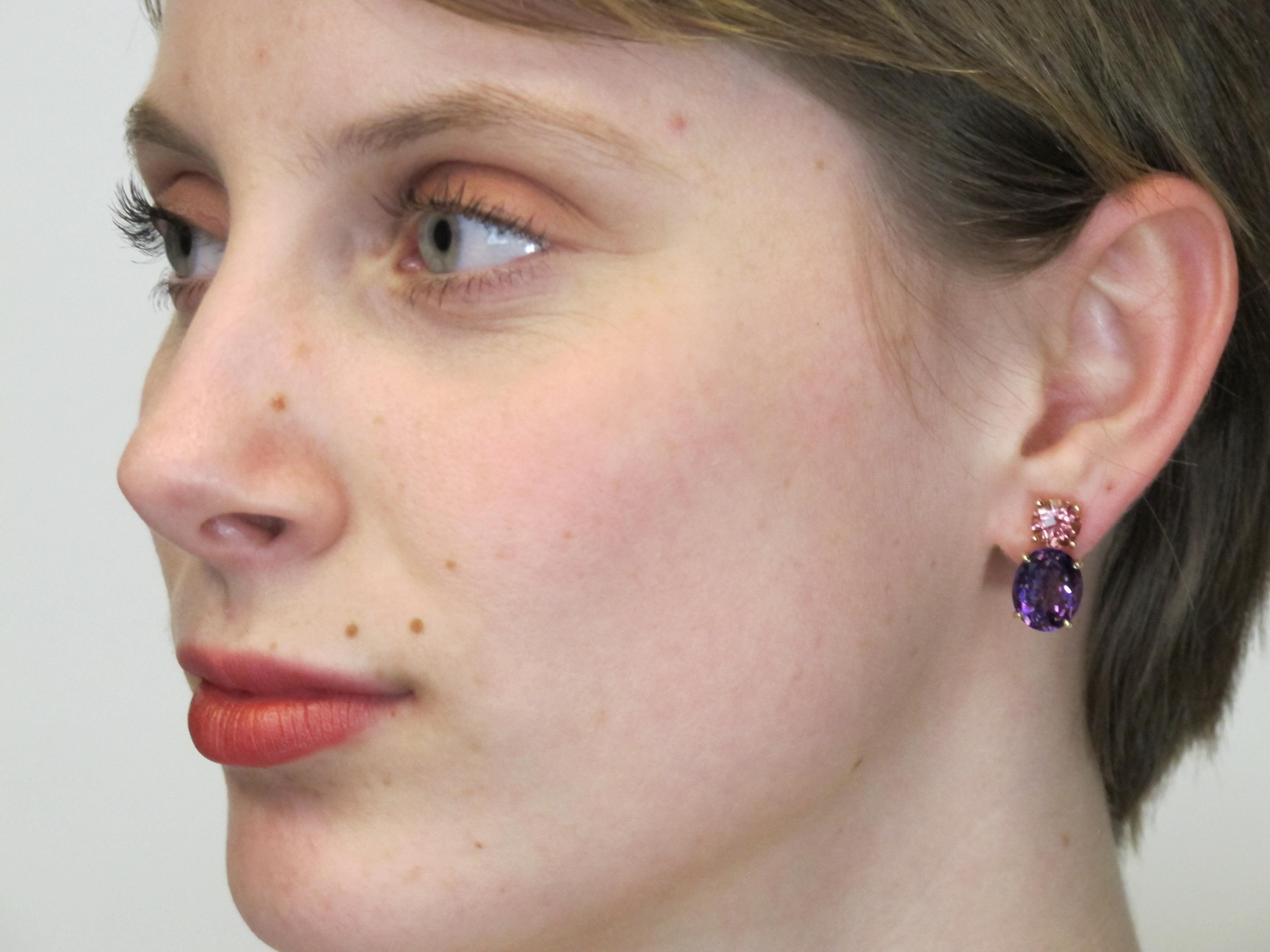Tourmaline rose, Améthyste Boucles d'oreilles à clip en or rose et jaune 18k en vente 3