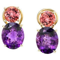 Pink Tourmaline, Amethyst 18k Rose, Yellow Gold French Clip Drop Post Earrings