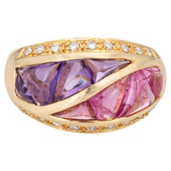 Pink Tourmaline Amethyst Ring Invisible Set Diamond Band 6 Estate 18k Gold