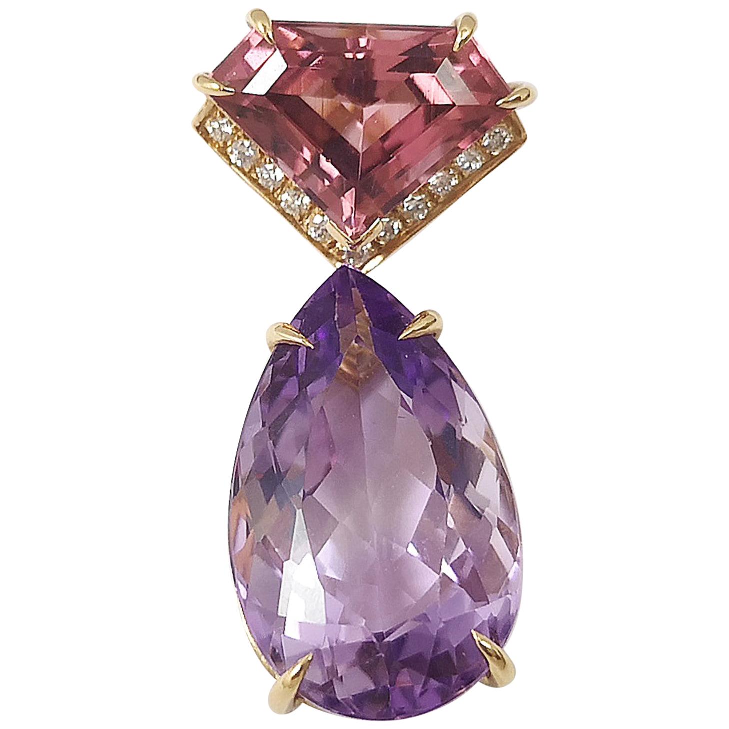 Pink Tourmaline, Amethyst with Diamond Pendant Set in 18 Karat Rose Gold Setting For Sale