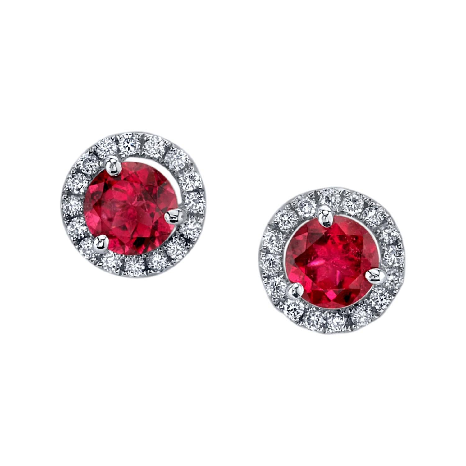 Red Rubellite Tourmaline and Diamond Halo Stud Earrings in 18k White Gold  For Sale