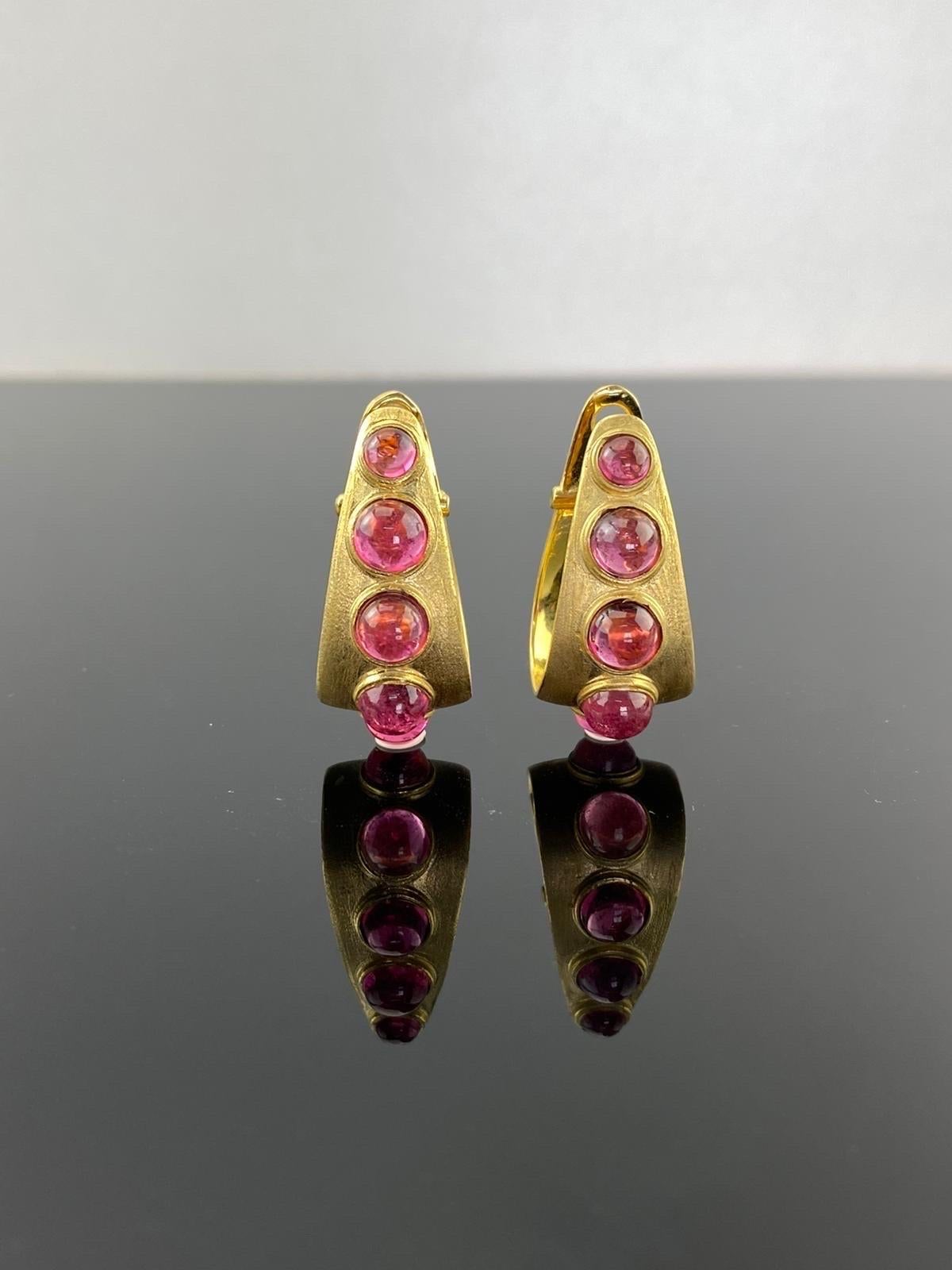 Cabochon Pink Tourmaline and 18K Yellow Gold Hoop Earrings For Sale