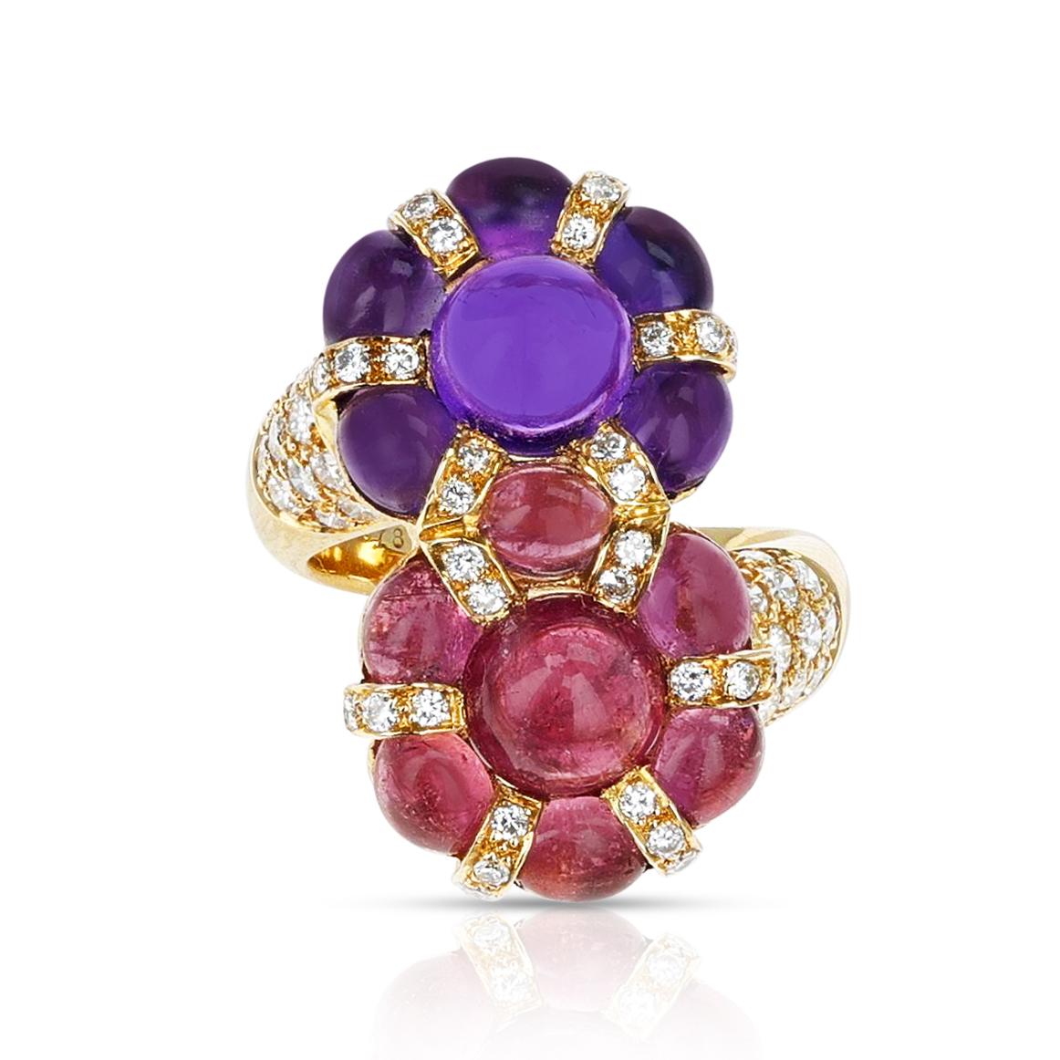A Pink Tourmaline and Amethyst Cabochon Double Flower Ring with Diamonds made in 18 Karat Yellow Gold. The ring size is US 6.25 and the total weight of the ring is 11.65 grams. 