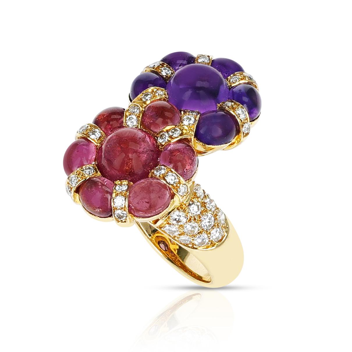 Pink Tourmaline and Amethyst Cabochon Double Flower Ring with Diamonds, 18K In Excellent Condition In New York, NY