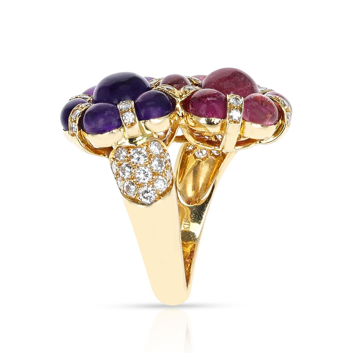 Women's or Men's Pink Tourmaline and Amethyst Cabochon Double Flower Ring with Diamonds, 18K