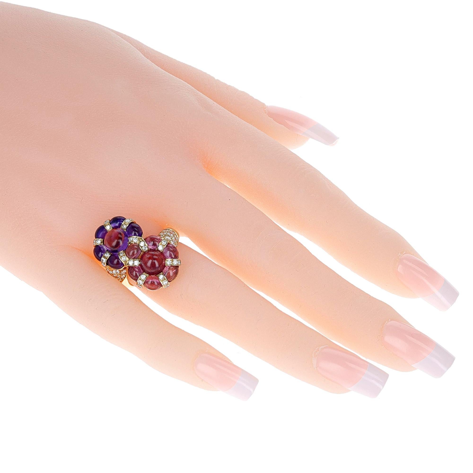 Pink Tourmaline and Amethyst Cabochon Double Flower Ring with Diamonds, 18K 1