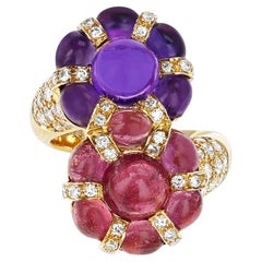 Pink Tourmaline and Amethyst Cabochon Double Flower Ring with Diamonds, 18K