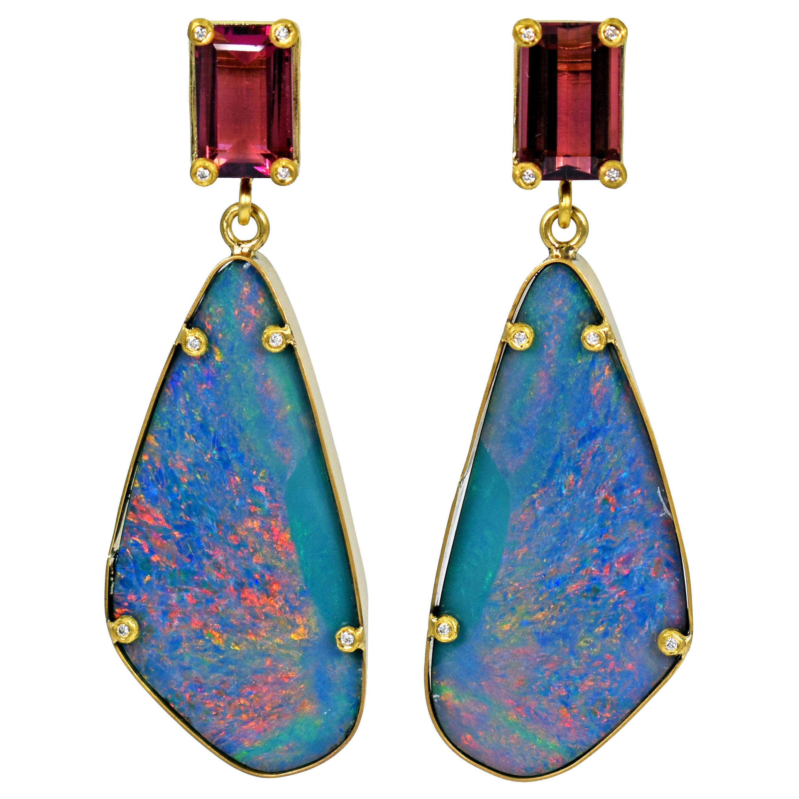 Pink Tourmaline and Australian Boulder Opal 22 Karat Gold Dangle Earrings
